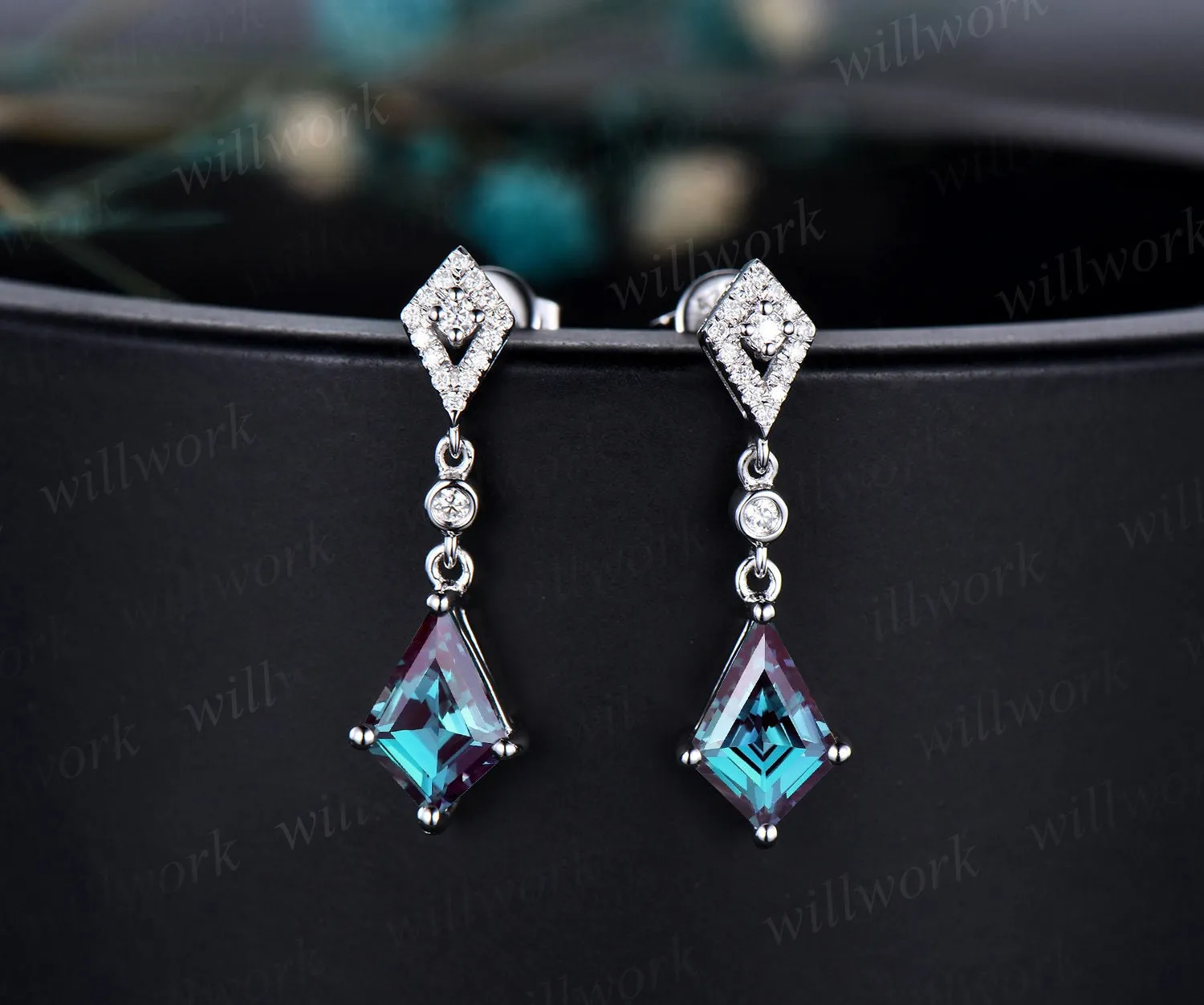 Vintage kite cut alexandrite earrings solid 14k yellow gold halo diamond drop earrings women June birthstone dainty anniversary gift for her sold by Willwork Jewelry product image thumbnail 3