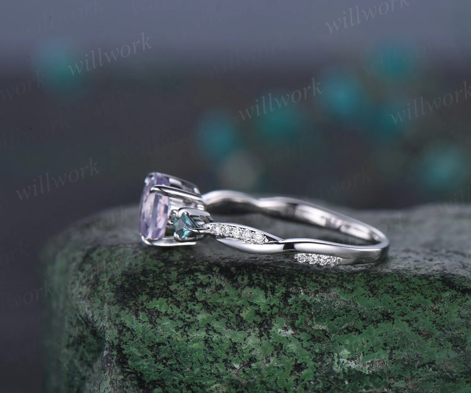 Round cut Lavender Amethyst engagement ring white gold kite alexandrite twisted diamond ring vintage wedding anniversary ring gift sold by Willwork Jewelry product image thumbnail 4