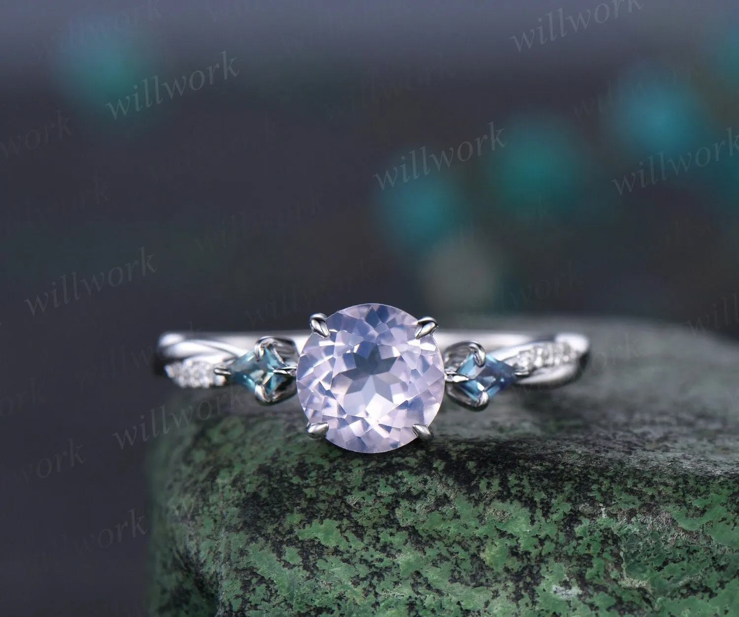 Round cut Lavender Amethyst engagement ring white gold kite alexandrite twisted diamond ring vintage wedding anniversary ring gift sold by Willwork Jewelry