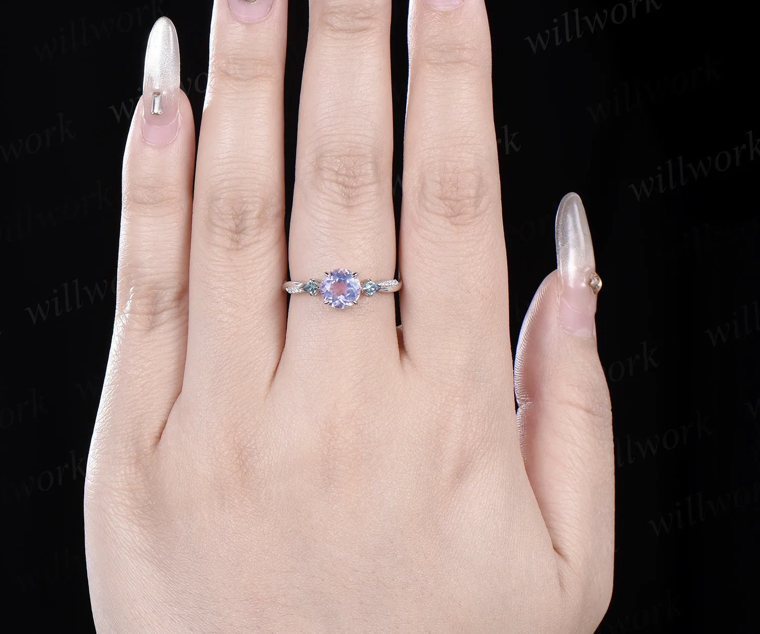 Round cut Lavender Amethyst engagement ring white gold kite alexandrite twisted diamond ring vintage wedding anniversary ring gift sold by Willwork Jewelry product image thumbnail 2