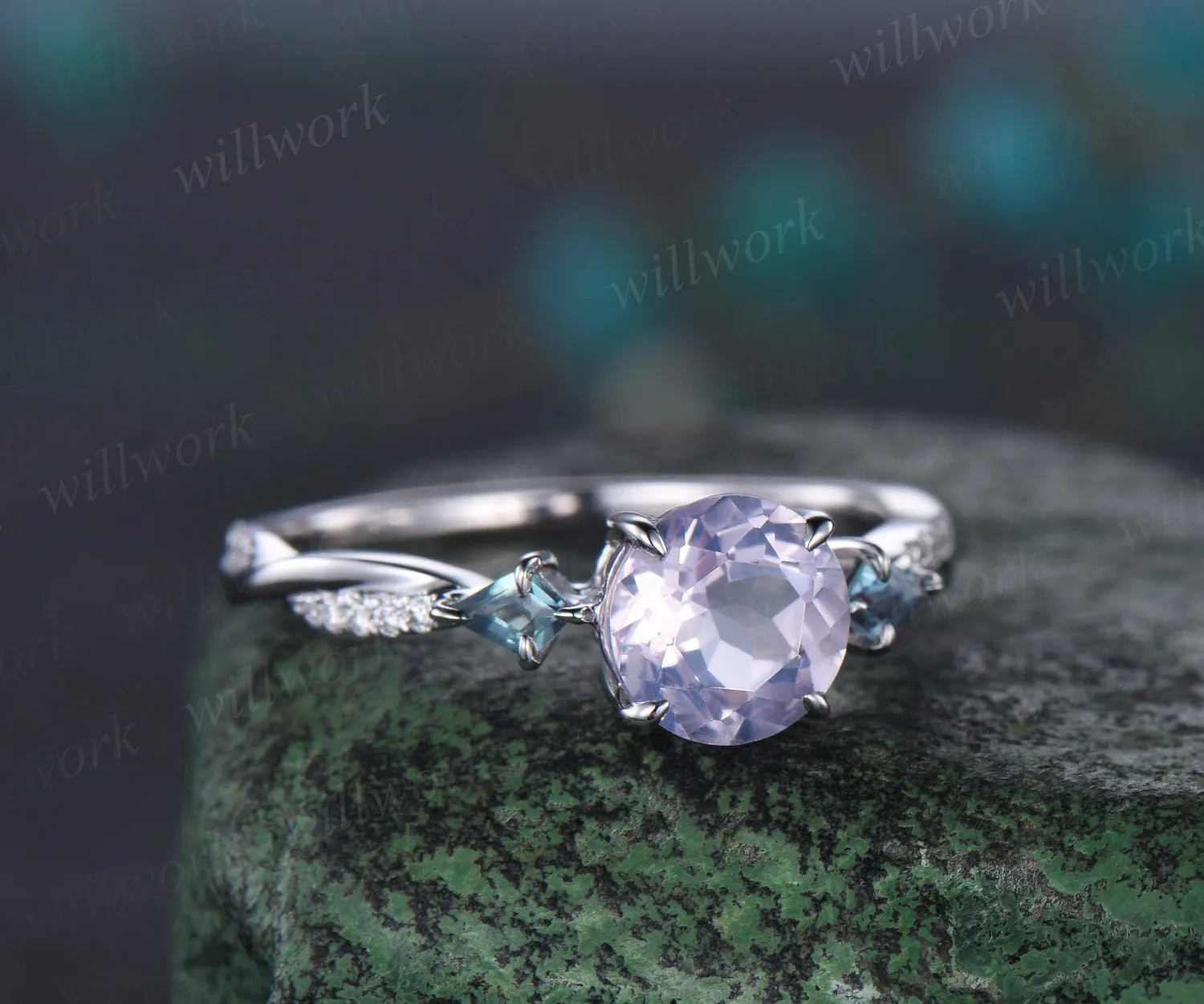 Round cut Lavender Amethyst engagement ring white gold kite alexandrite twisted diamond ring vintage wedding anniversary ring gift sold by Willwork Jewelry product image thumbnail 3