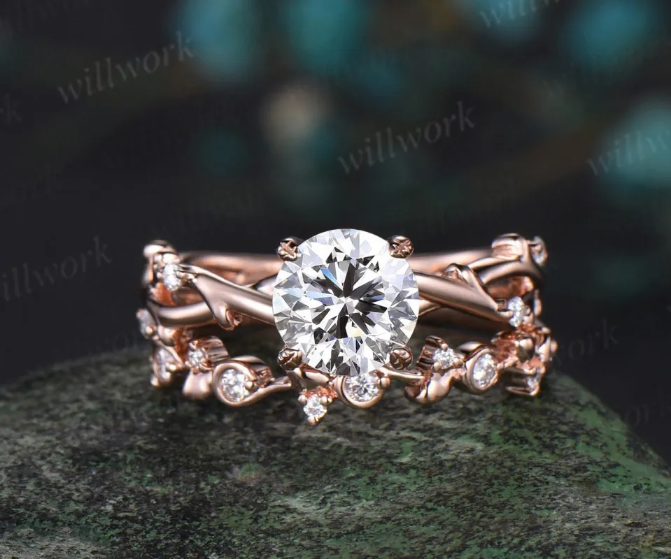 1ct round cut IGI Lab grown diamond engagement ring solid 14k 18k rose gold branch twig five stone vintage wedding promise ring set women sold by Willwork Jewelry