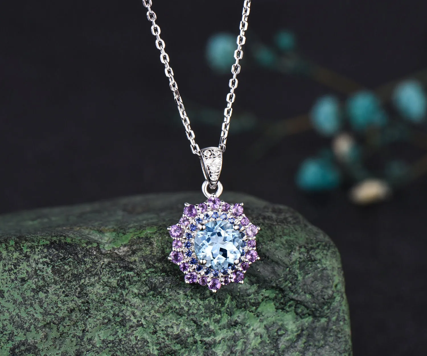 1ct round cut aquamarine necklace white gold snowdrift double halo sapphire amethyst pendant women anniversary gift jewelry sold by Willwork Jewelry product image thumbnail 3