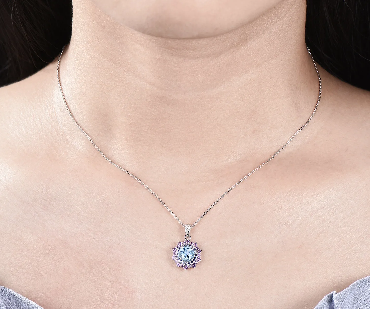 1ct round cut aquamarine necklace white gold snowdrift double halo sapphire amethyst pendant women anniversary gift jewelry sold by Willwork Jewelry product image thumbnail 2