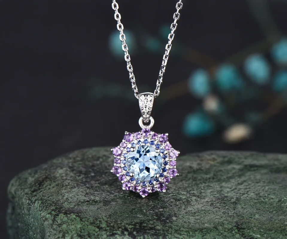 1ct round cut aquamarine necklace white gold snowdrift double halo sapphire amethyst pendant women anniversary gift jewelry sold by Willwork Jewelry