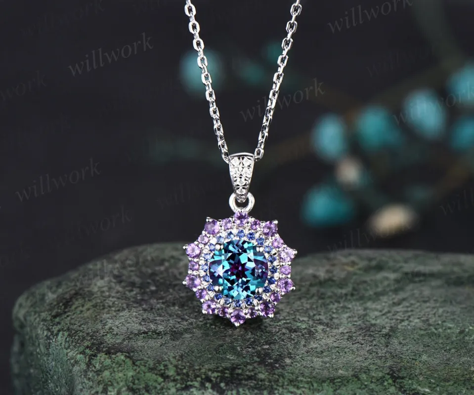 1ct round cut alexandrite necklace white gold snowdrift double halo sapphire amethyst pendant women color change gemstone anniversary gift sold by Willwork Jewelry