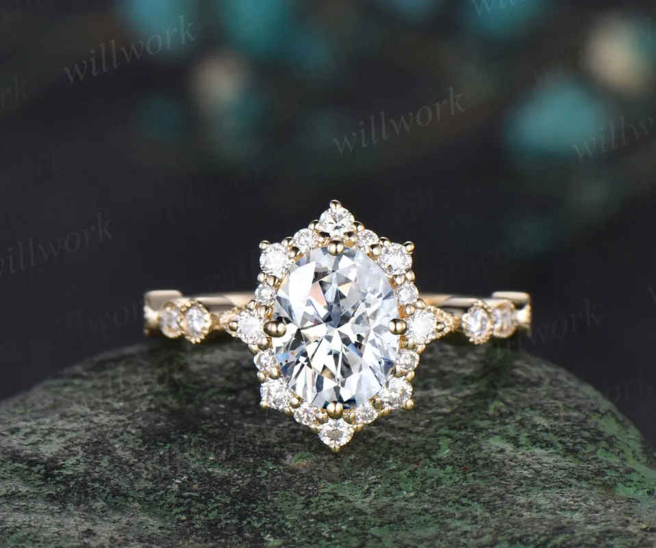 Vintage oval cut moissanite engagement ring 14k yellow gold milgrain bezel halo diamond unique wedding promise anniversary ring women sold by Willwork Jewelry