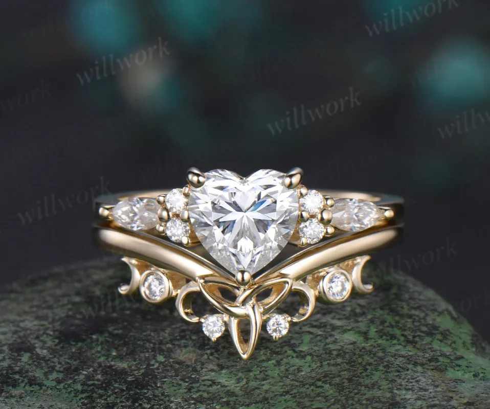 Heart shaped moissanite engagement ring solid 14k yellow gold moon Celtic knot diamond wedding promise ring set women sold by Willwork Jewelry