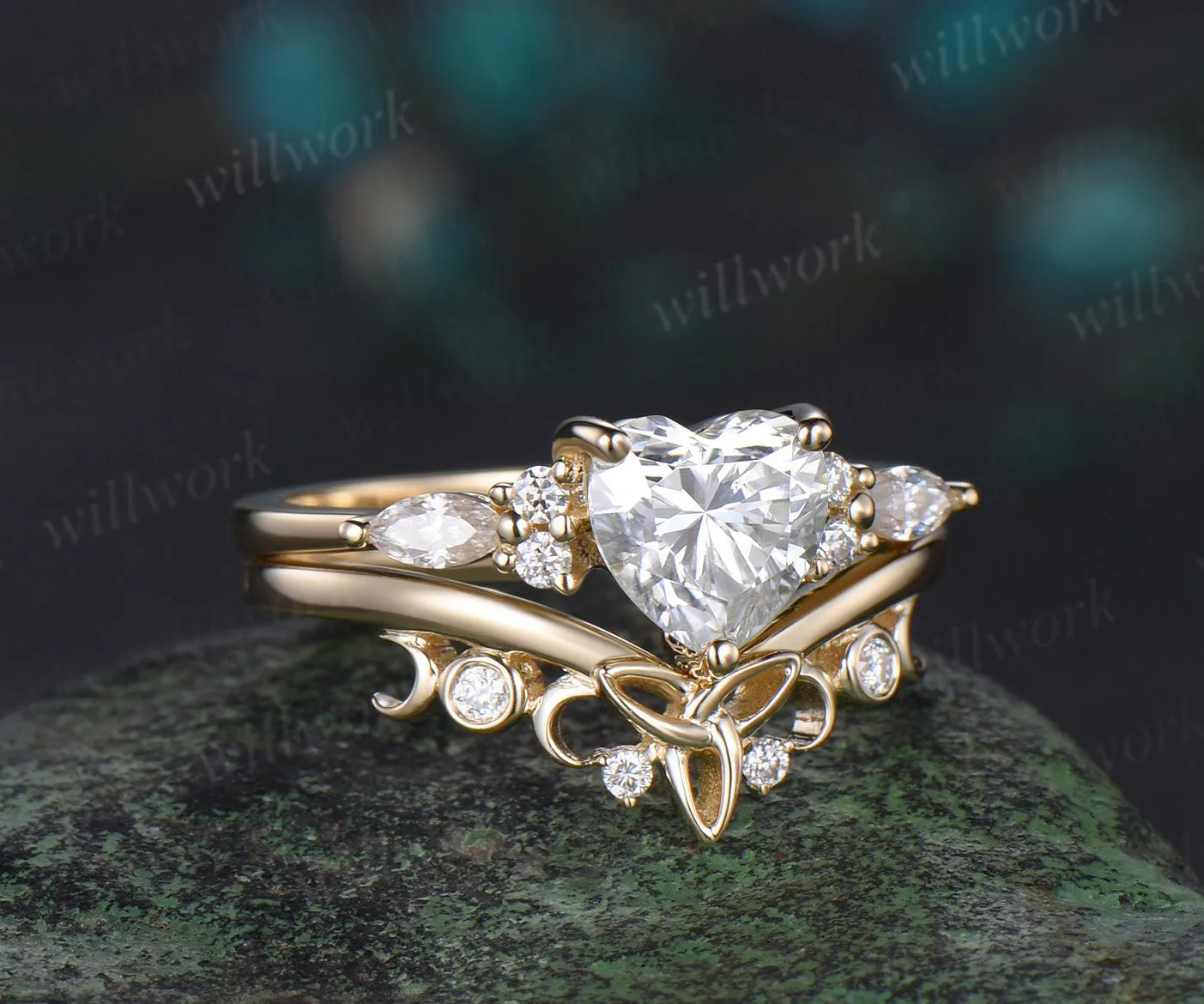 Heart shaped moissanite engagement ring solid 14k yellow gold moon Celtic knot diamond wedding promise ring set women sold by Willwork Jewelry product image thumbnail 3