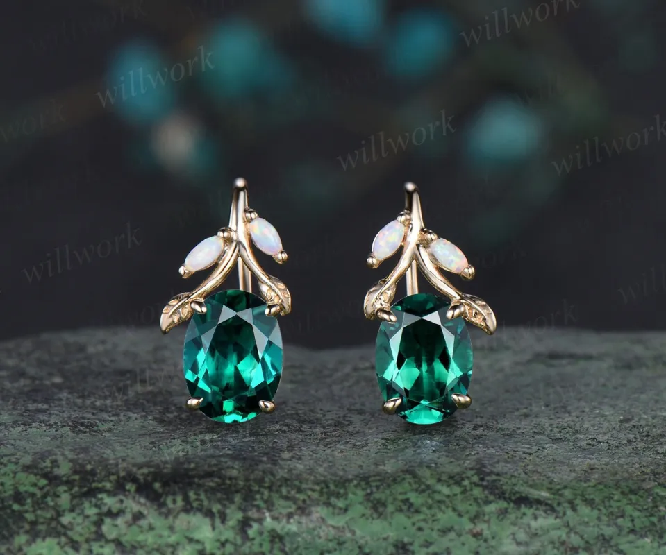 Oval cut green emerald earrings solid 14k yellow gold vintage leaf marquise opal drop earrings women anniversary gift jewelry sold by Willwork Jewelry