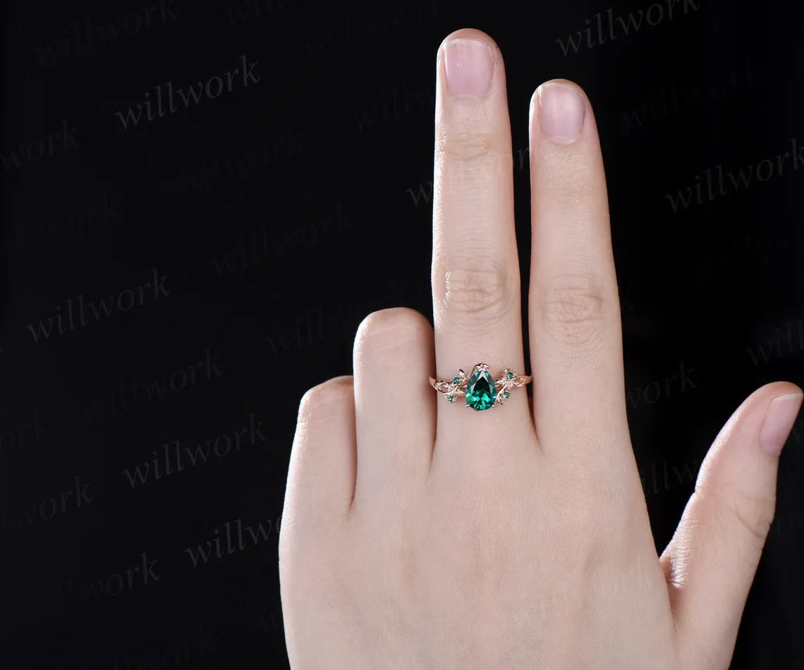 Pear shaped green emerald engagement ring solid 14k yellow gold leaf branch five stone opal ring women unique wedding anniversary ring gift sold by Willwork Jewelry product image thumbnail 4
