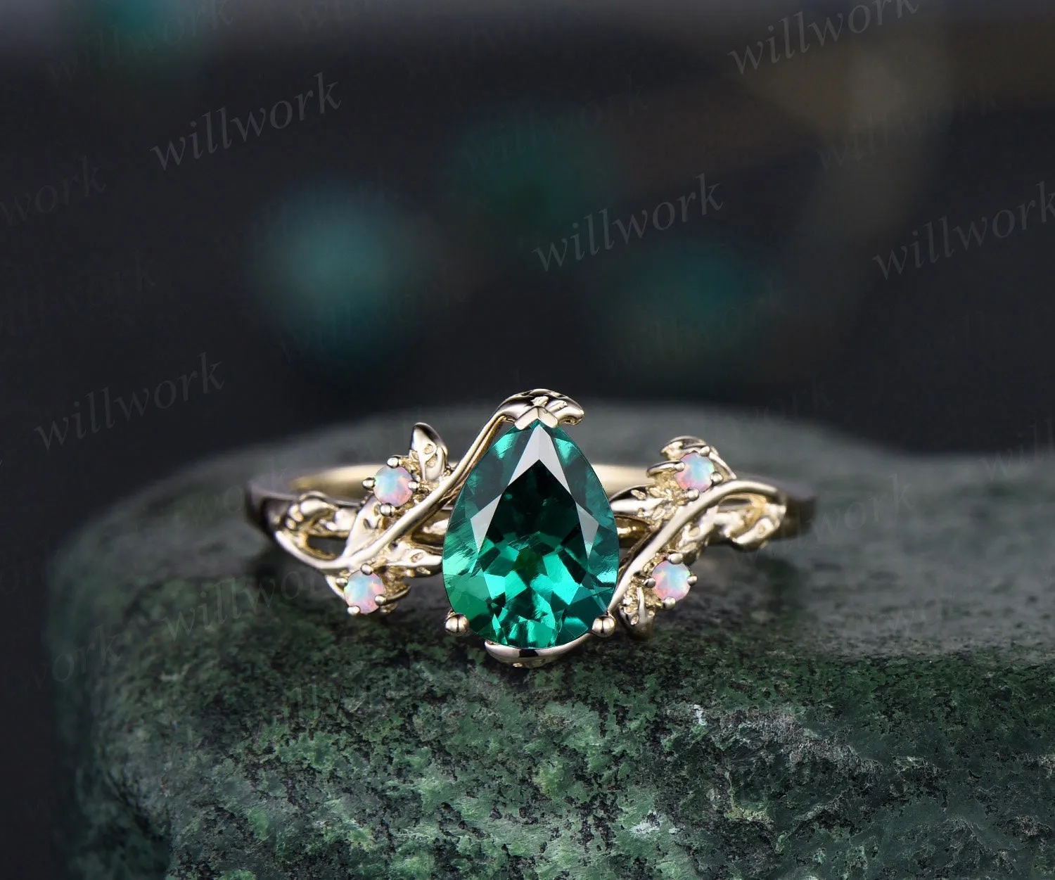 Pear shaped green emerald engagement ring solid 14k yellow gold leaf branch five stone opal ring women unique wedding anniversary ring gift sold by Willwork Jewelry