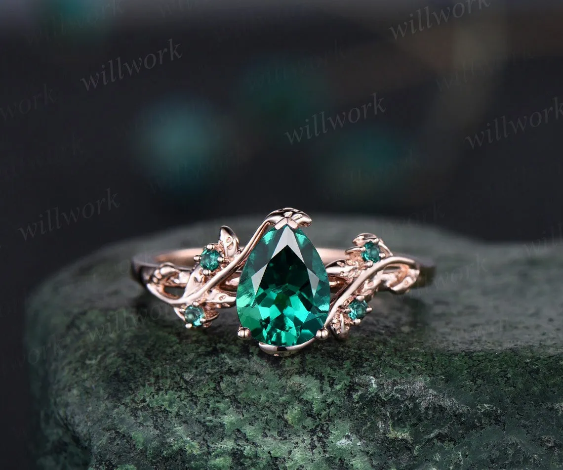 Pear shaped green emerald engagement ring solid 14k yellow gold leaf branch five stone opal ring women unique wedding anniversary ring gift sold by Willwork Jewelry product image thumbnail 3