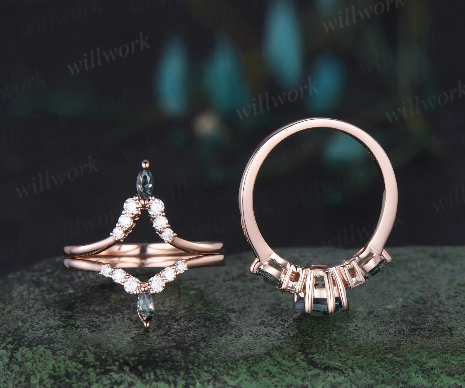 Unique kite cut green moss agate engagement ring set rose gold moissanite stacking wedding bridal ring set women jewelry sold by Willwork Jewelry product image thumbnail 5