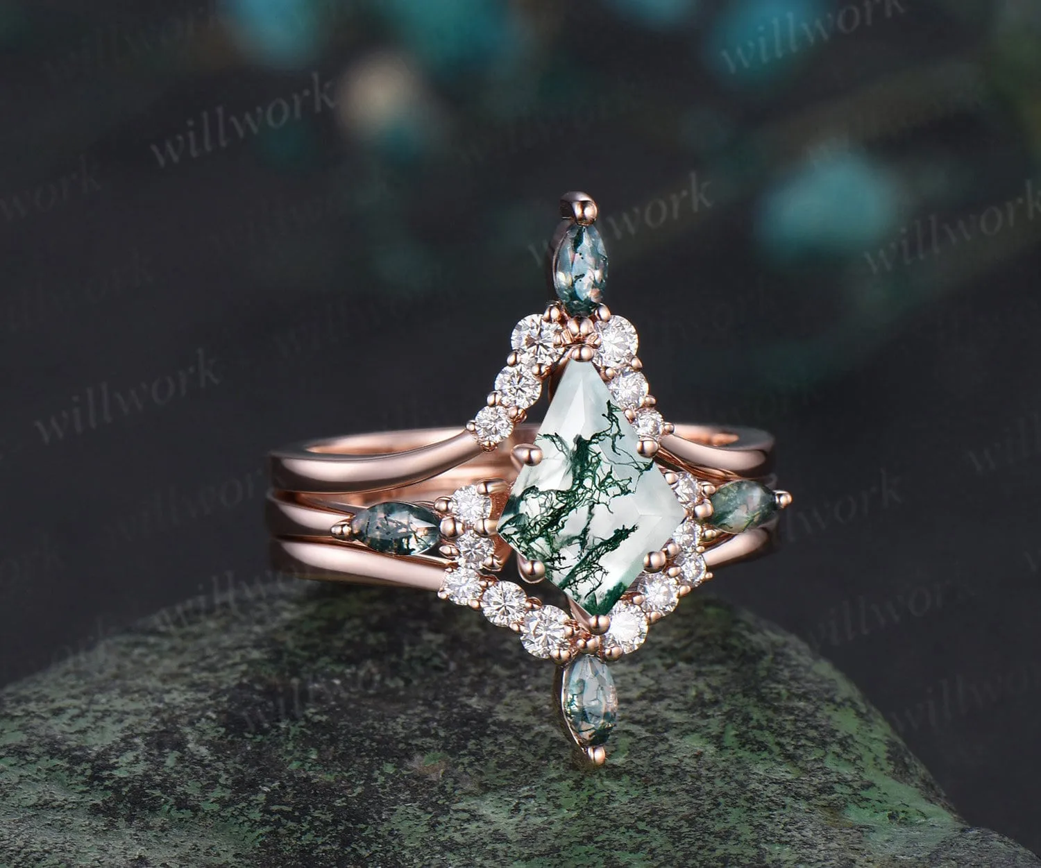 Unique kite cut green moss agate engagement ring set rose gold moissanite stacking wedding bridal ring set women jewelry sold by Willwork Jewelry product image thumbnail 3