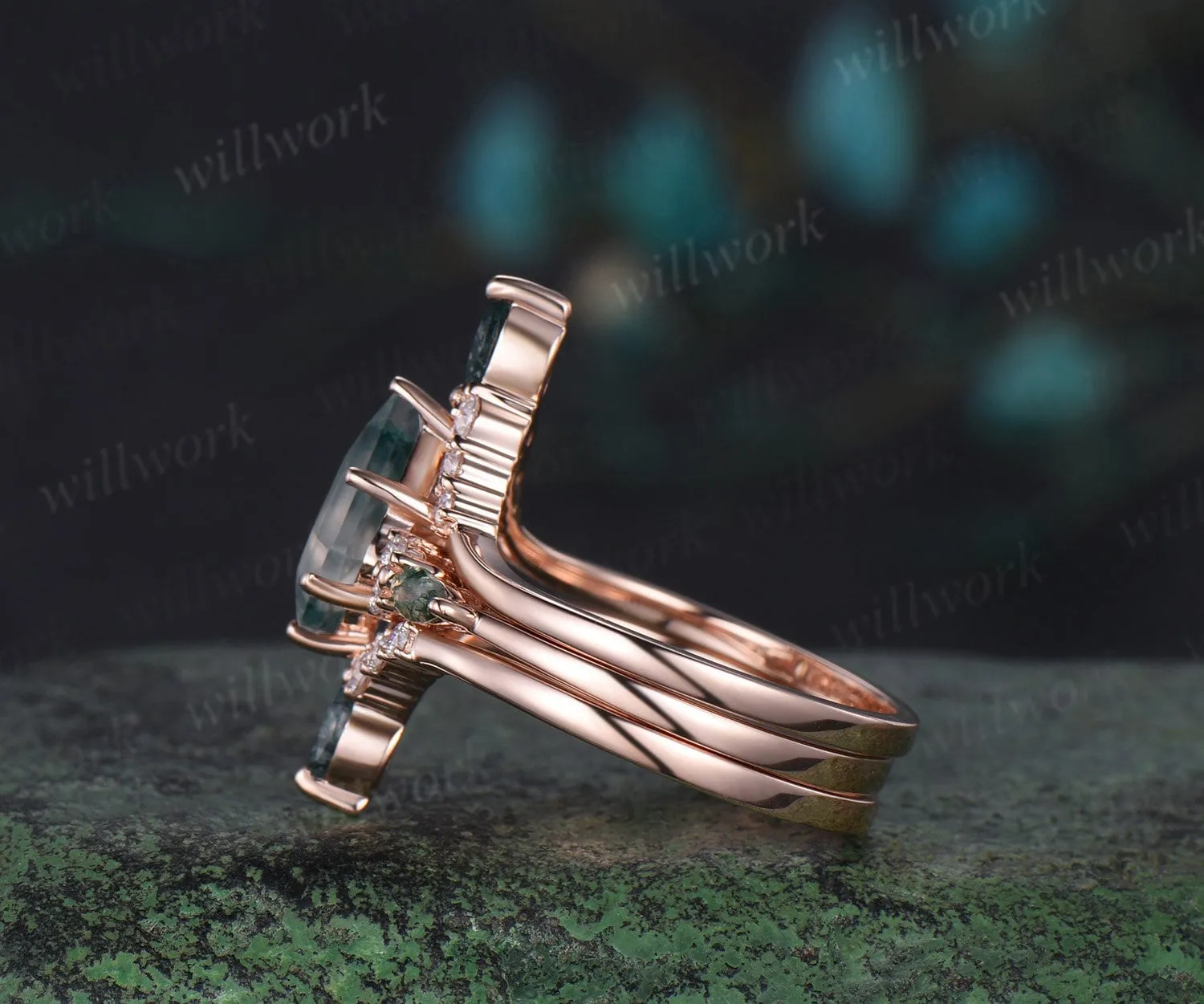 Unique kite cut green moss agate engagement ring set rose gold moissanite stacking wedding bridal ring set women jewelry sold by Willwork Jewelry product image thumbnail 4