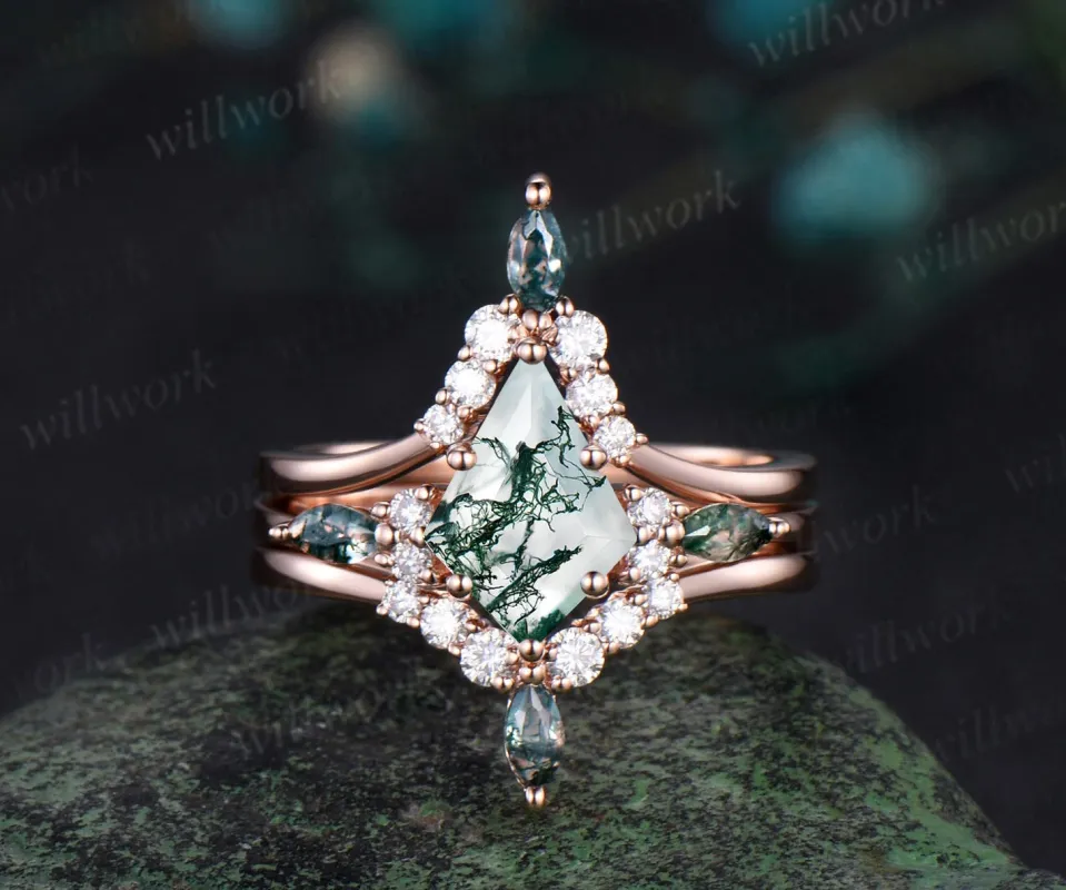 Unique kite cut green moss agate engagement ring set rose gold moissanite stacking wedding bridal ring set women jewelry sold by Willwork Jewelry