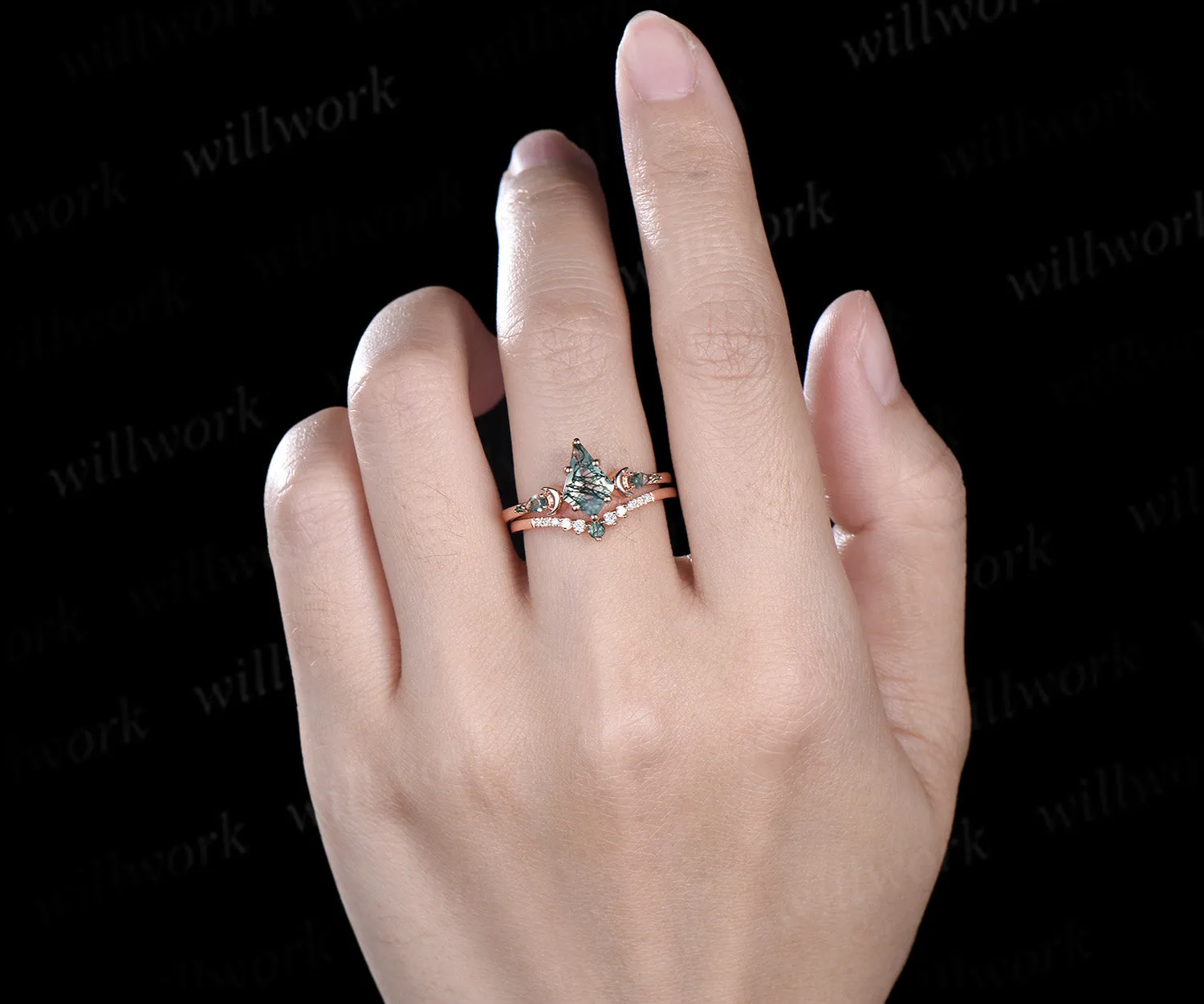Unique kite cut moss agate engagement ring set women rose gold 6 prong five stone moon bridal ring set sold by Willwork Jewelry product image thumbnail 3
