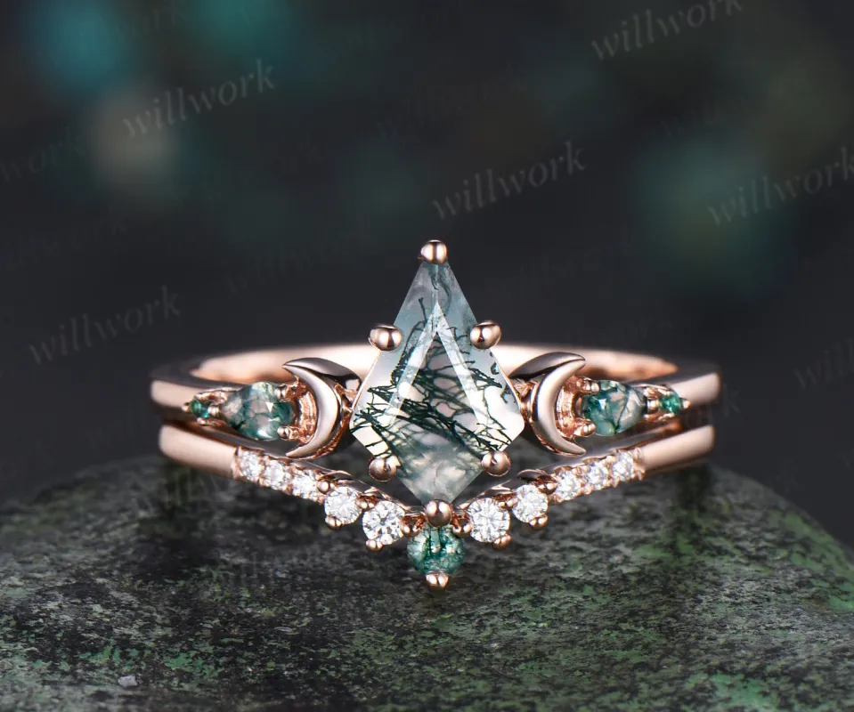 Unique kite cut moss agate engagement ring set women rose gold 6 prong five stone moon bridal ring set sold by Willwork Jewelry