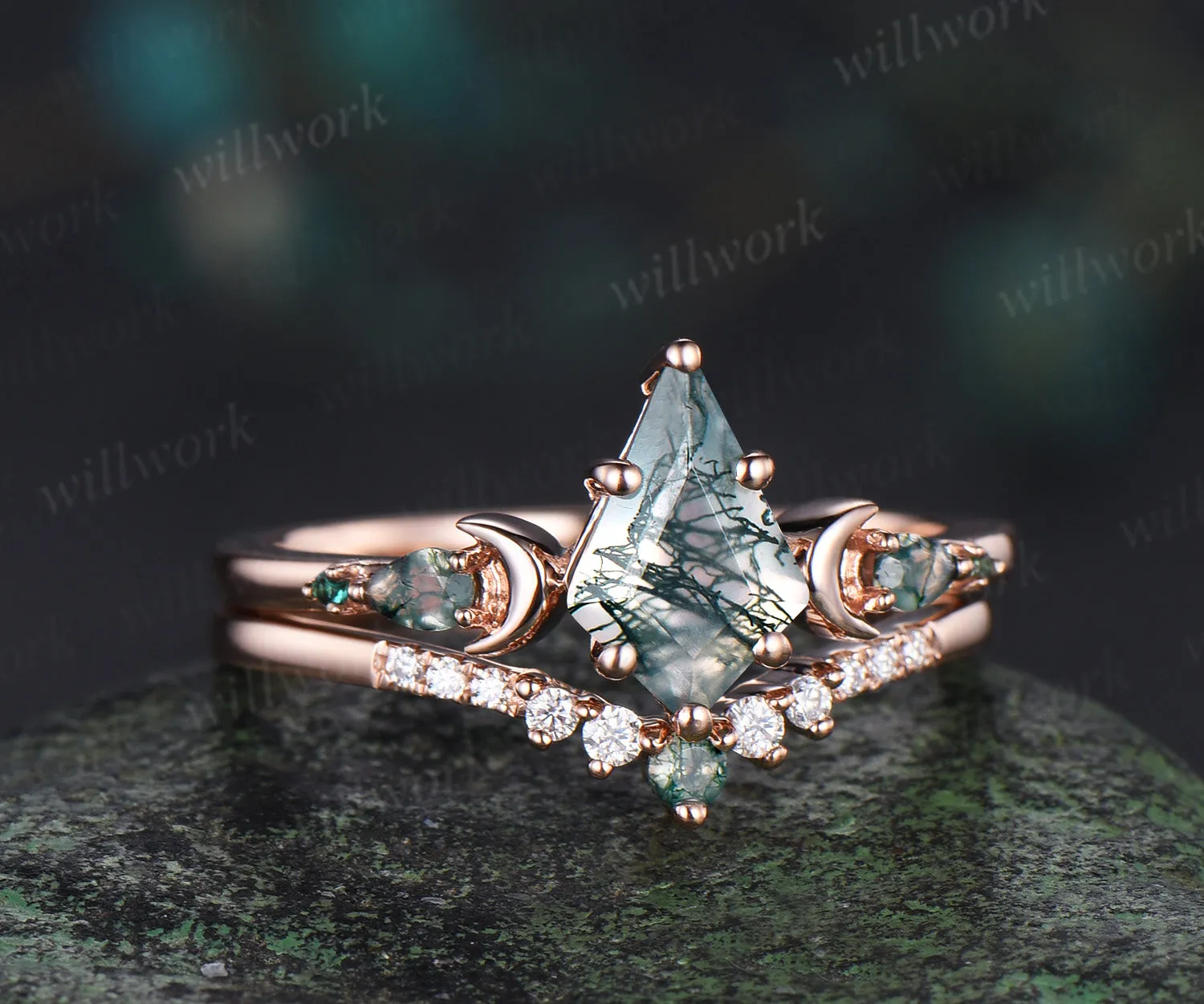 Unique kite cut moss agate engagement ring set women rose gold 6 prong five stone moon bridal ring set sold by Willwork Jewelry product image thumbnail 2