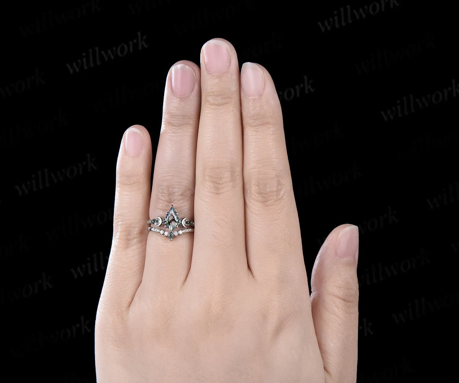 Unique kite cut moss agate engagement ring set women rose gold 6 prong five stone moon bridal ring set sold by Willwork Jewelry product image thumbnail 5