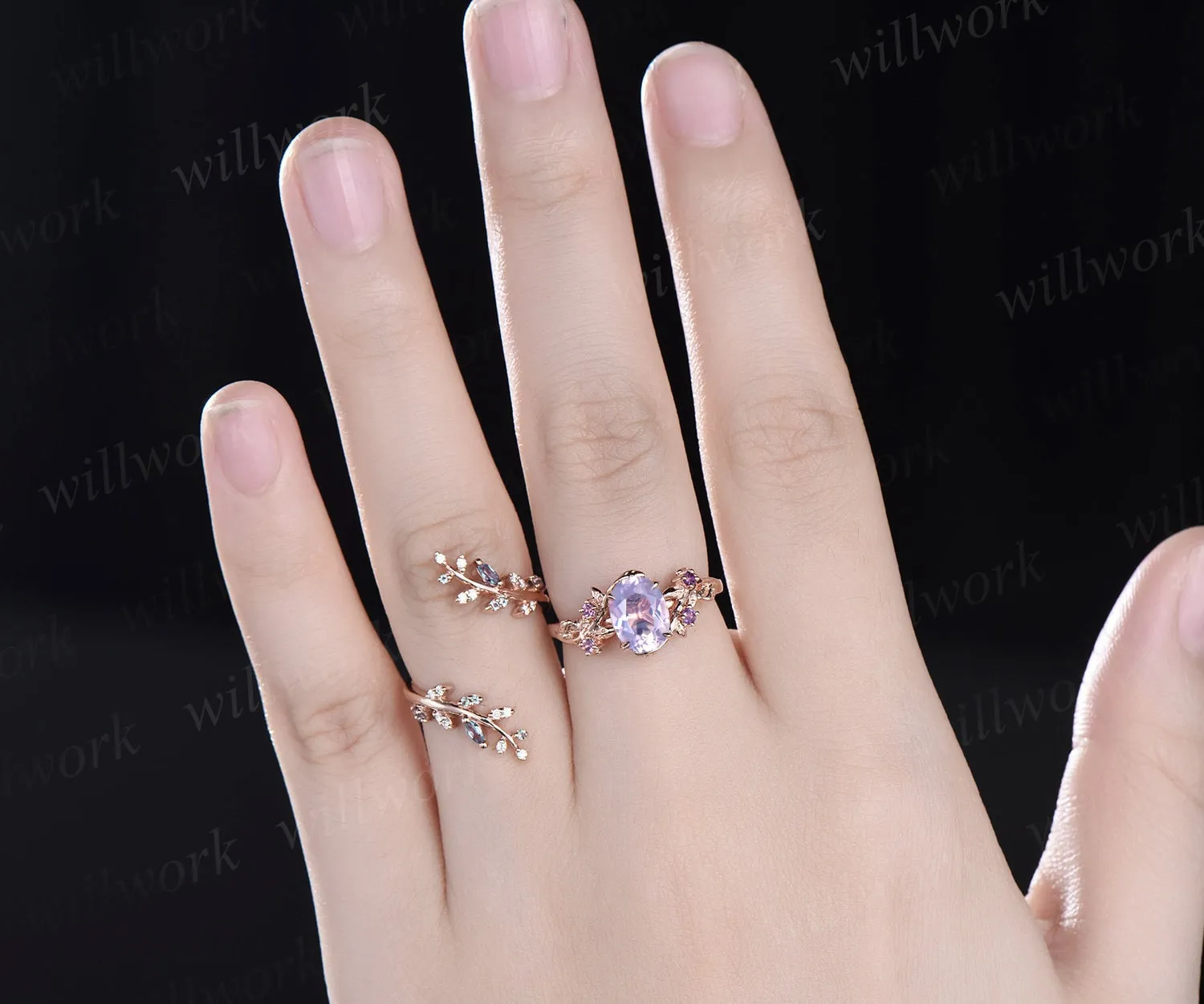 Vintage oval Lavender Amethyst engagement ring nature inspired leaf alexandrite ring rose gold wedding band enhancer bridal ring set women sold by Willwork Jewelry product image thumbnail 5
