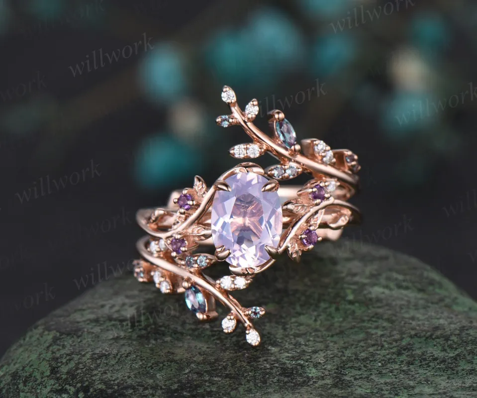Vintage oval Lavender Amethyst engagement ring nature inspired leaf alexandrite ring rose gold wedding band enhancer bridal ring set women sold by Willwork Jewelry