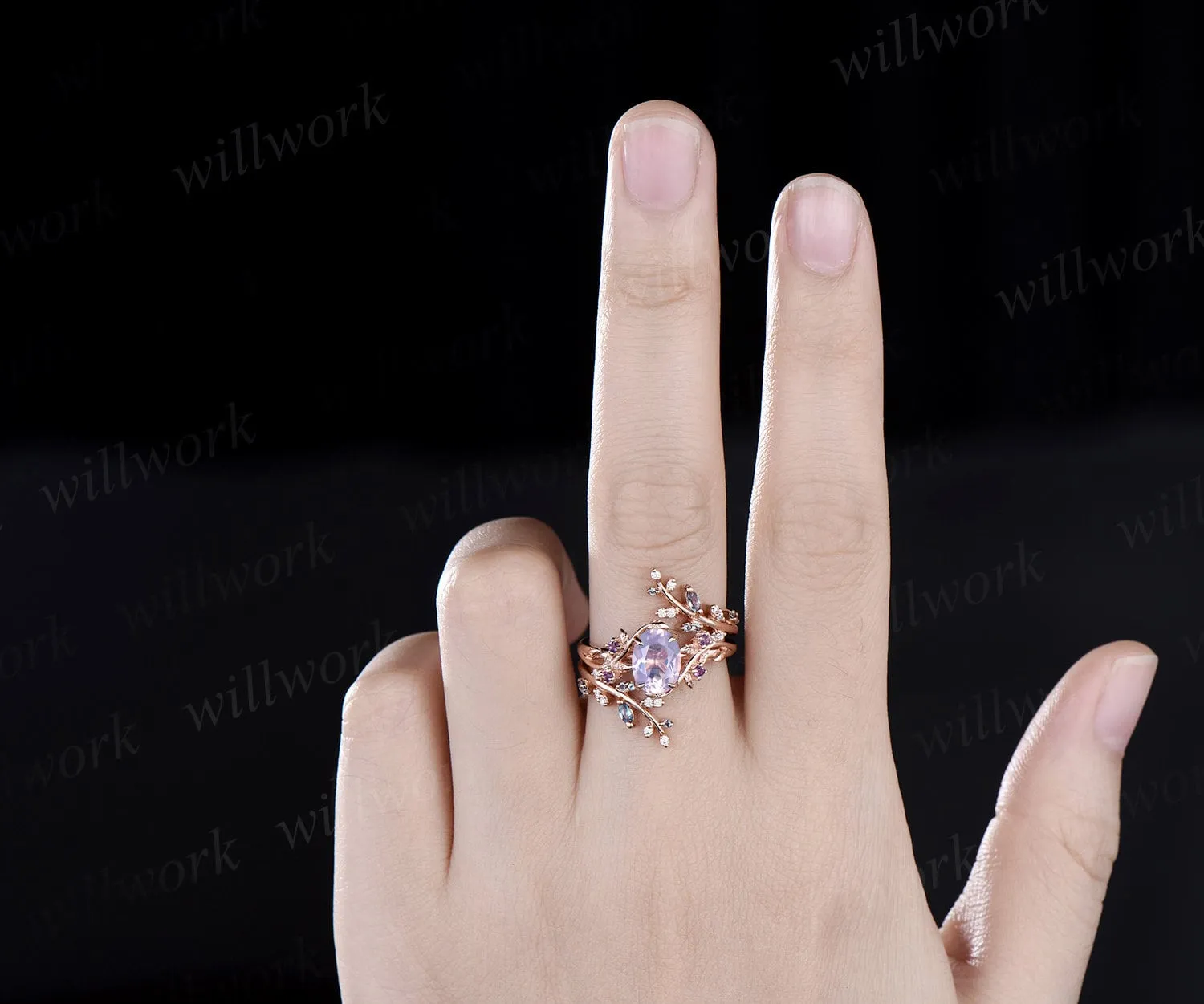 Vintage oval Lavender Amethyst engagement ring nature inspired leaf alexandrite ring rose gold wedding band enhancer bridal ring set women sold by Willwork Jewelry product image thumbnail 2