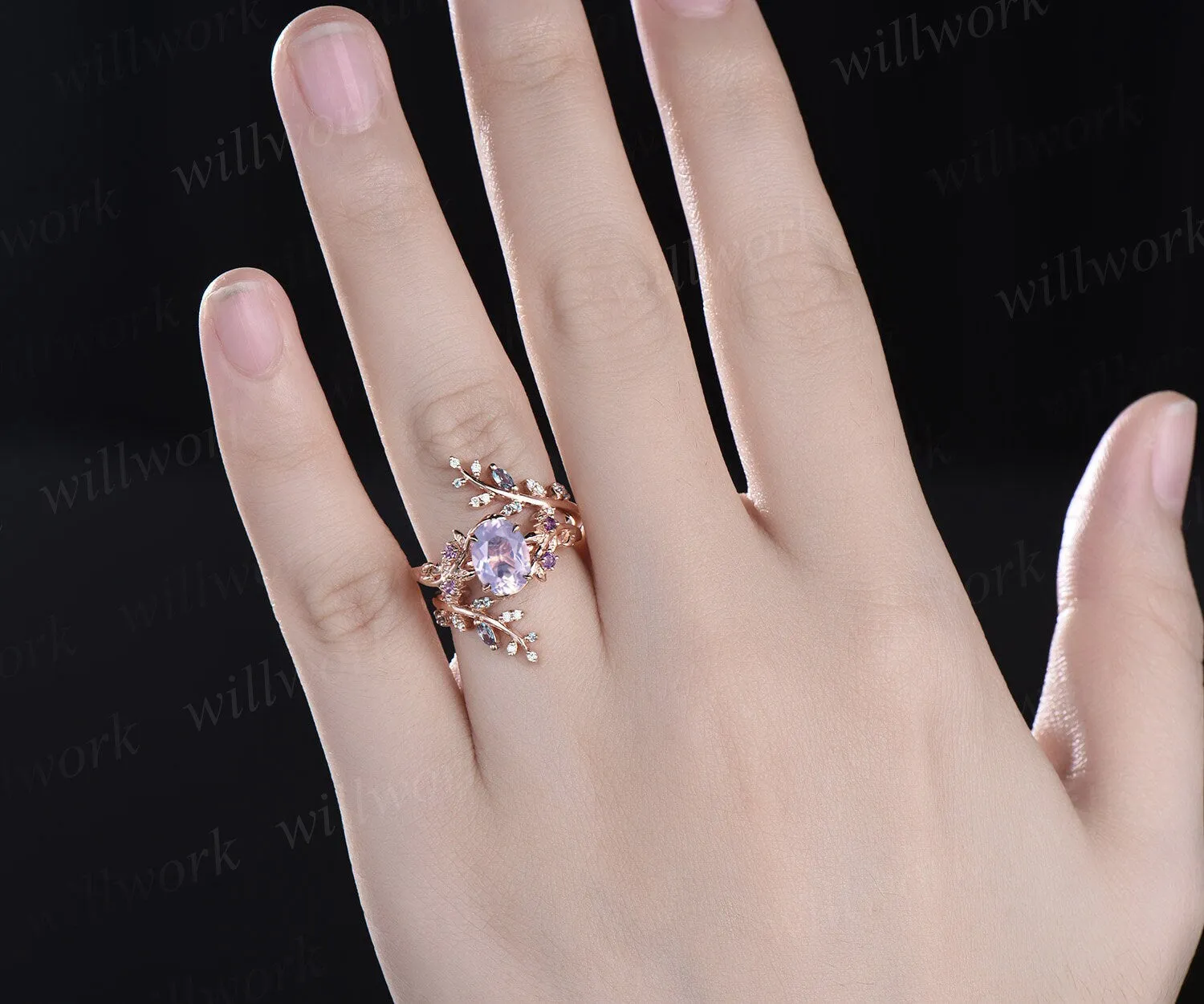 Vintage oval Lavender Amethyst engagement ring nature inspired leaf alexandrite ring rose gold wedding band enhancer bridal ring set women sold by Willwork Jewelry product image thumbnail 4