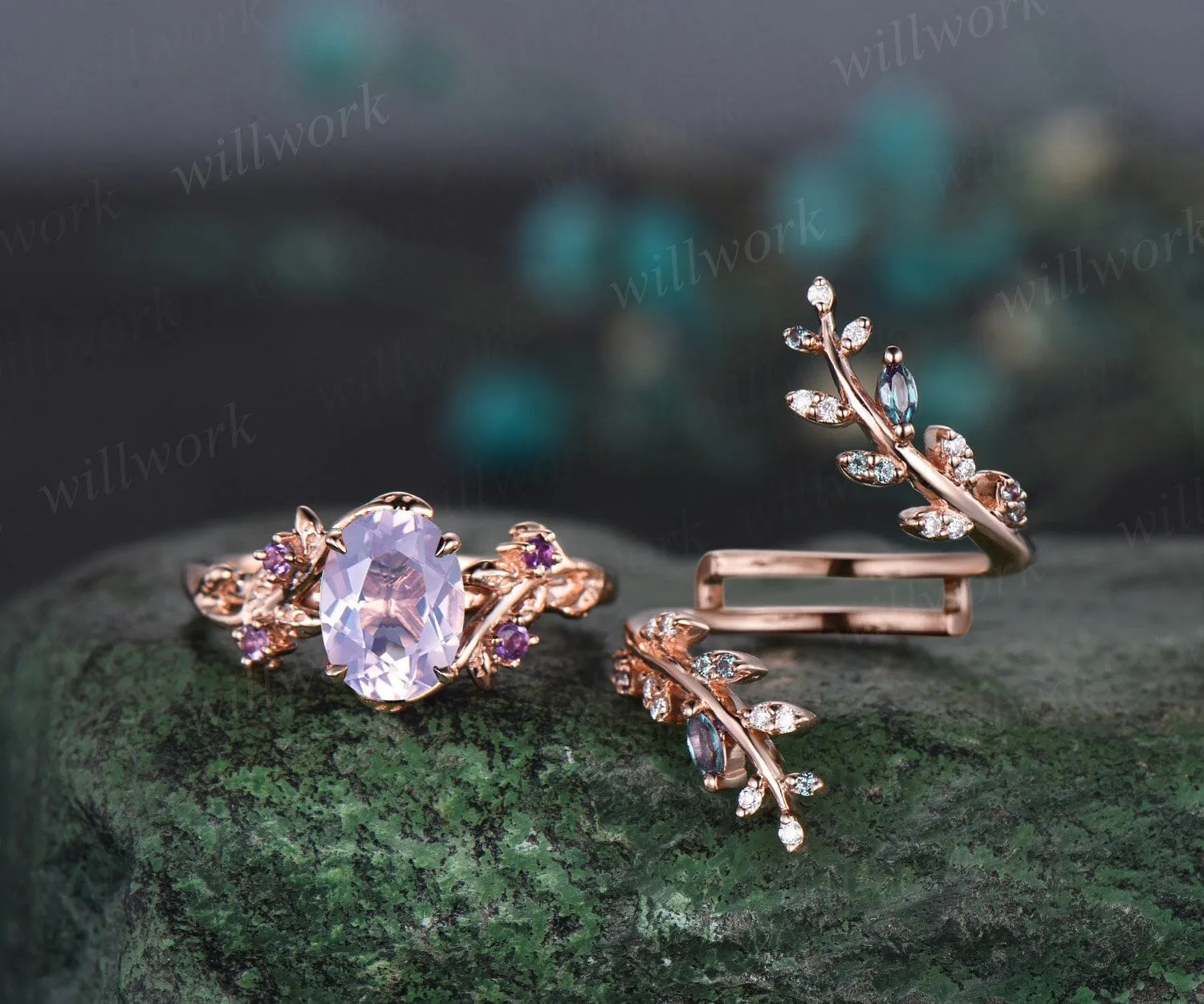 Vintage oval Lavender Amethyst engagement ring nature inspired leaf alexandrite ring rose gold wedding band enhancer bridal ring set women sold by Willwork Jewelry product image thumbnail 3