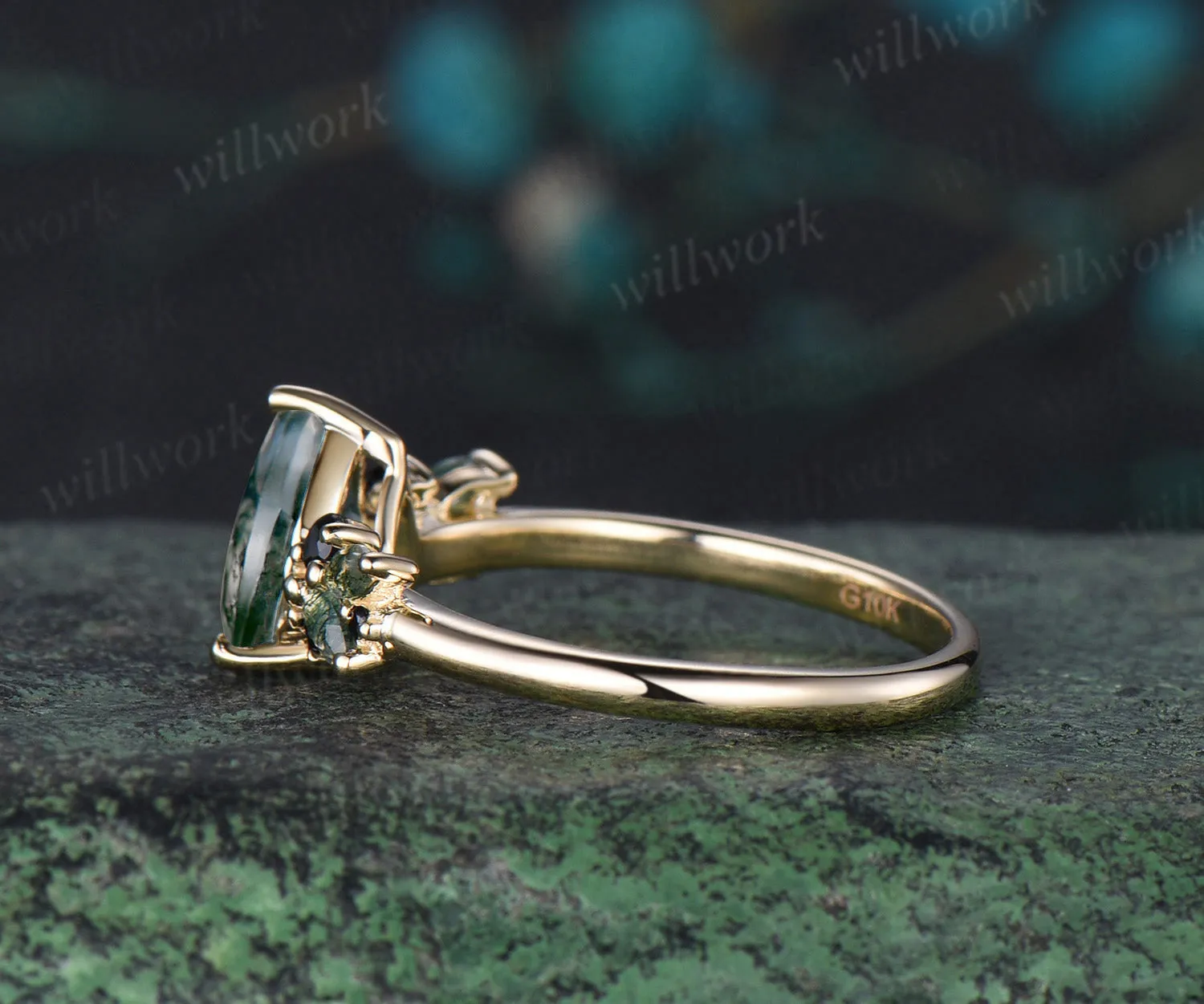 Pear shaped green moss agate engagement ring women yellow gold cluster black spinel bridal ring gift sold by Willwork Jewelry product image thumbnail 5