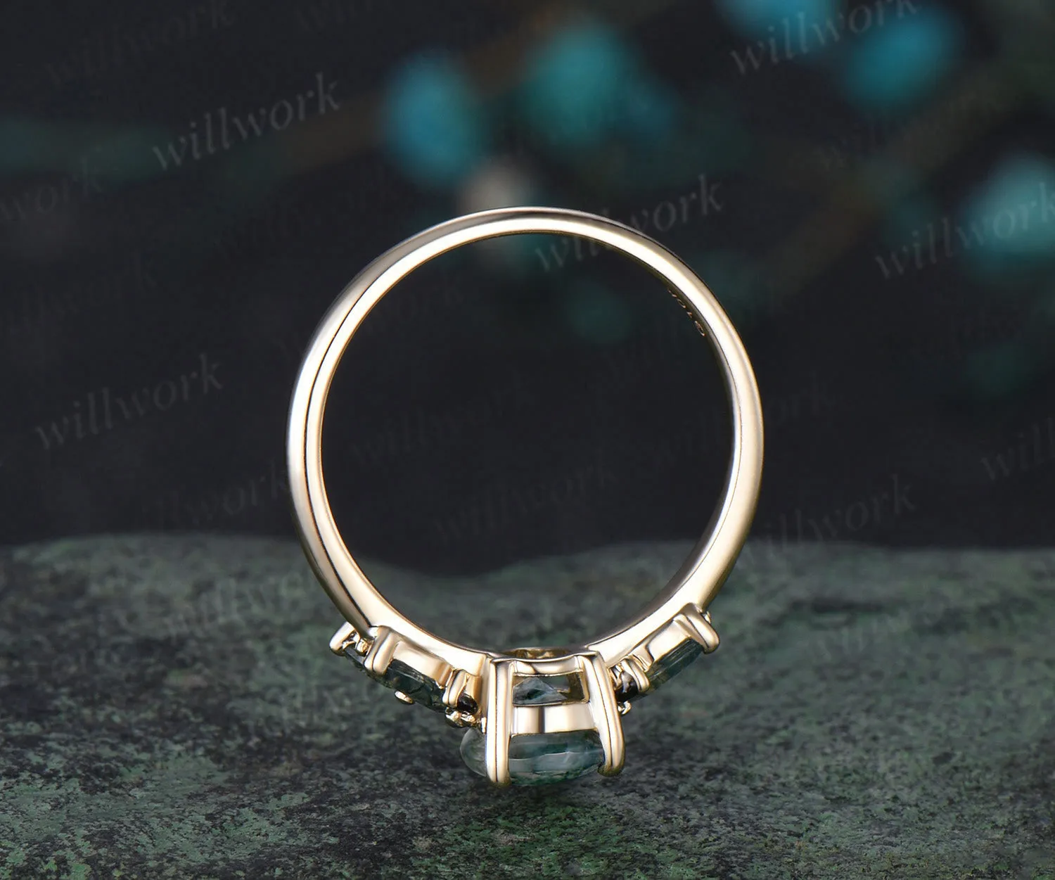 Pear shaped green moss agate engagement ring women yellow gold cluster black spinel bridal ring gift sold by Willwork Jewelry product image thumbnail 4