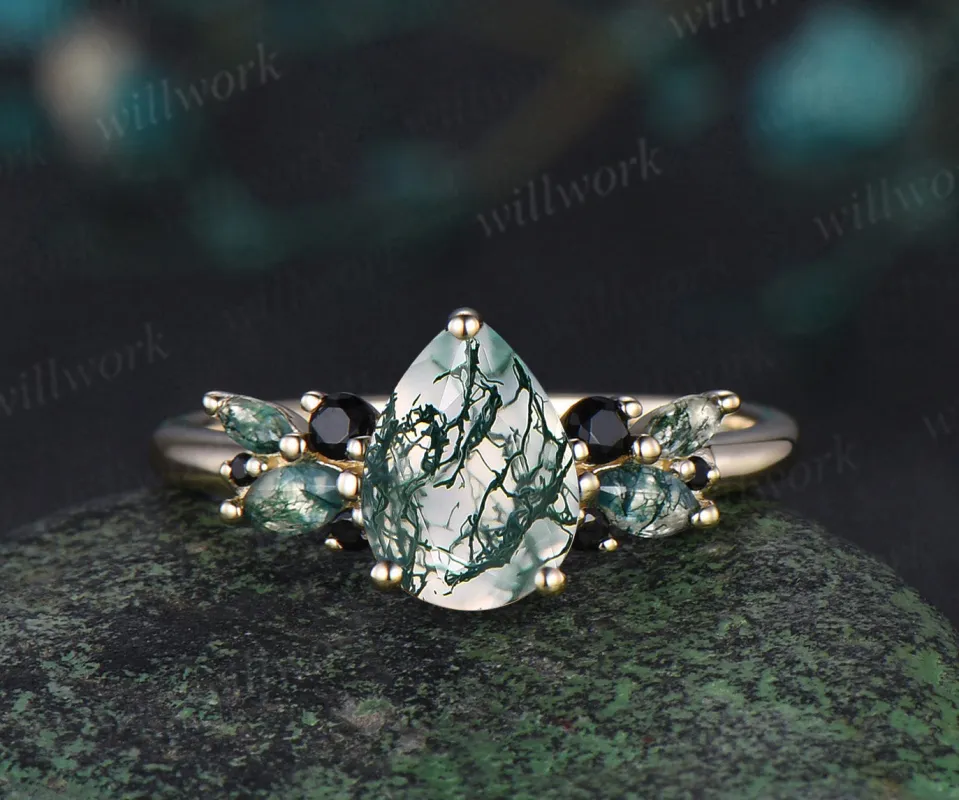Pear shaped green moss agate engagement ring women yellow gold cluster black spinel bridal ring gift sold by Willwork Jewelry