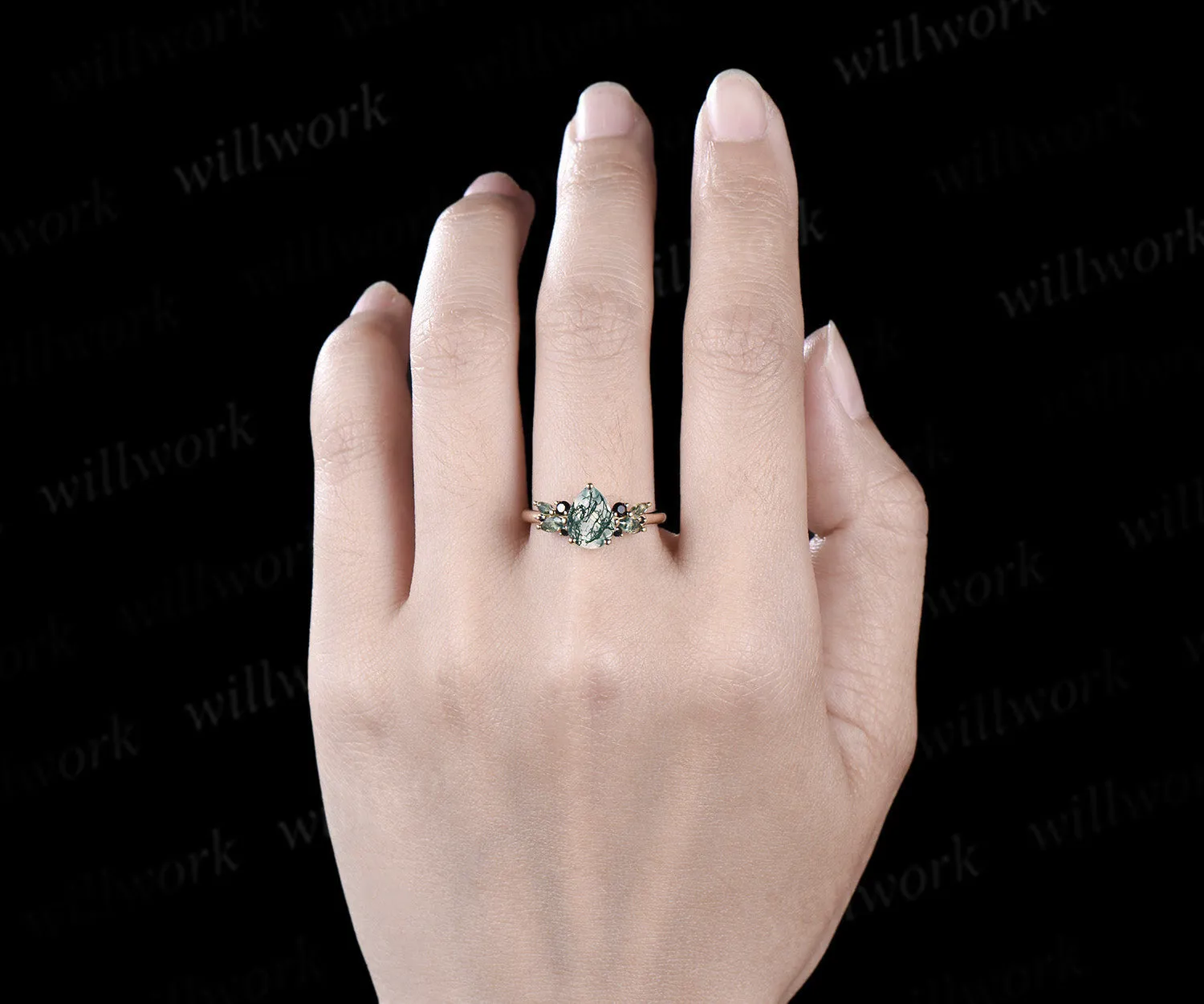 Pear shaped green moss agate engagement ring women yellow gold cluster black spinel bridal ring gift sold by Willwork Jewelry product image thumbnail 3