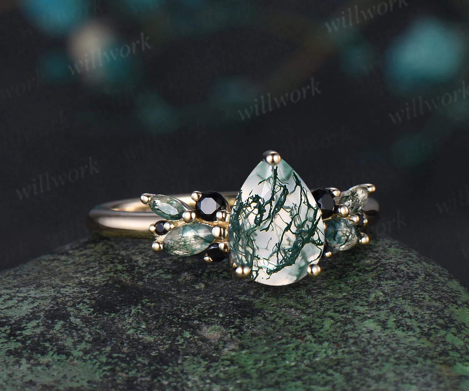 Pear shaped green moss agate engagement ring women yellow gold cluster black spinel bridal ring gift sold by Willwork Jewelry product image thumbnail 2