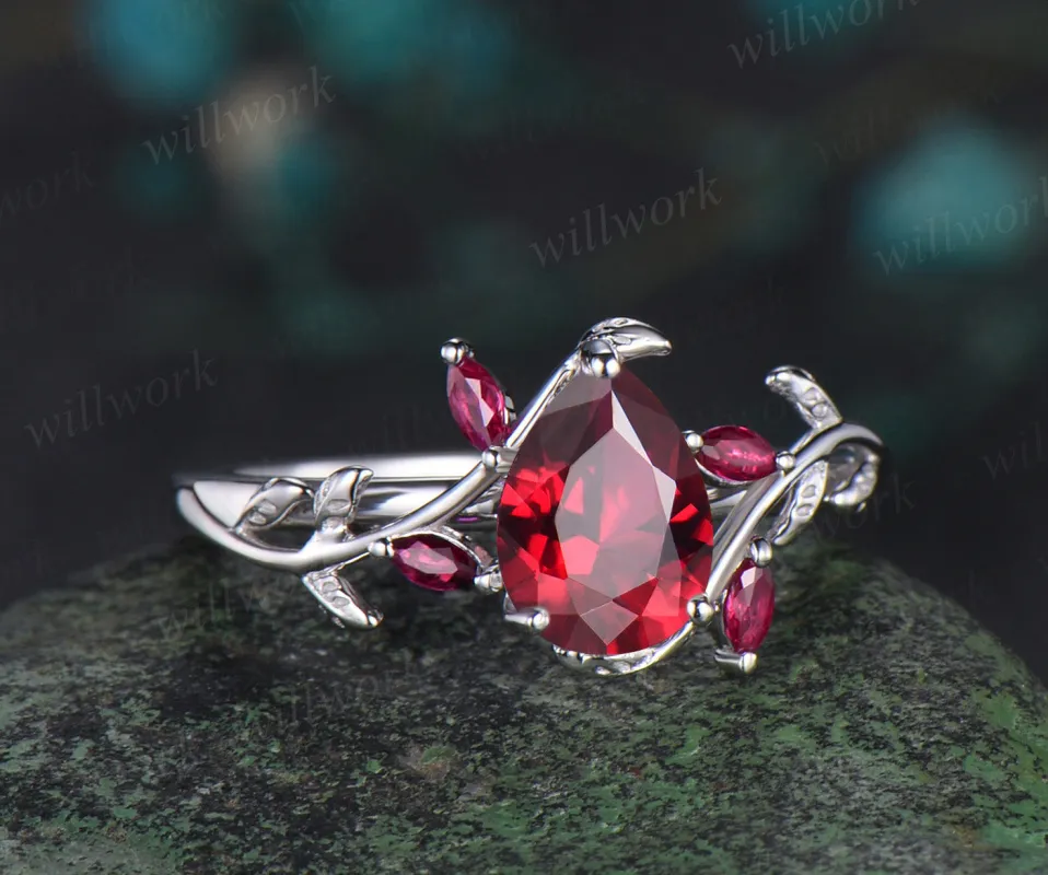 Pear shaped ruby engagement ring white gold leaf branch marquise ruby wedding anniversary ring women gift sold by Willwork Jewelry