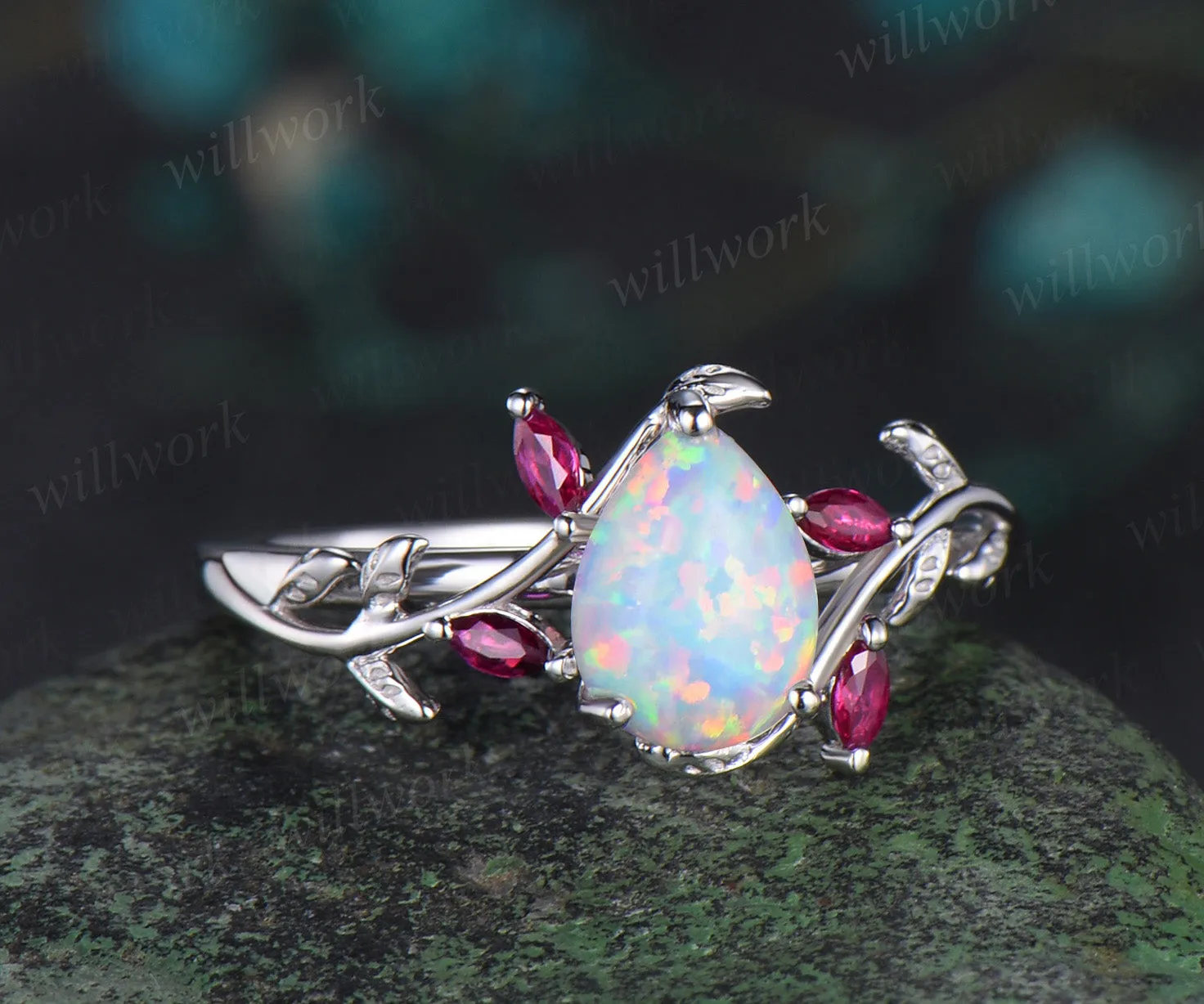 Pear shaped opal engagement ring white gold leaf branch marquise ruby wedding anniversary ring women gift sold by Willwork Jewelry product image thumbnail 2
