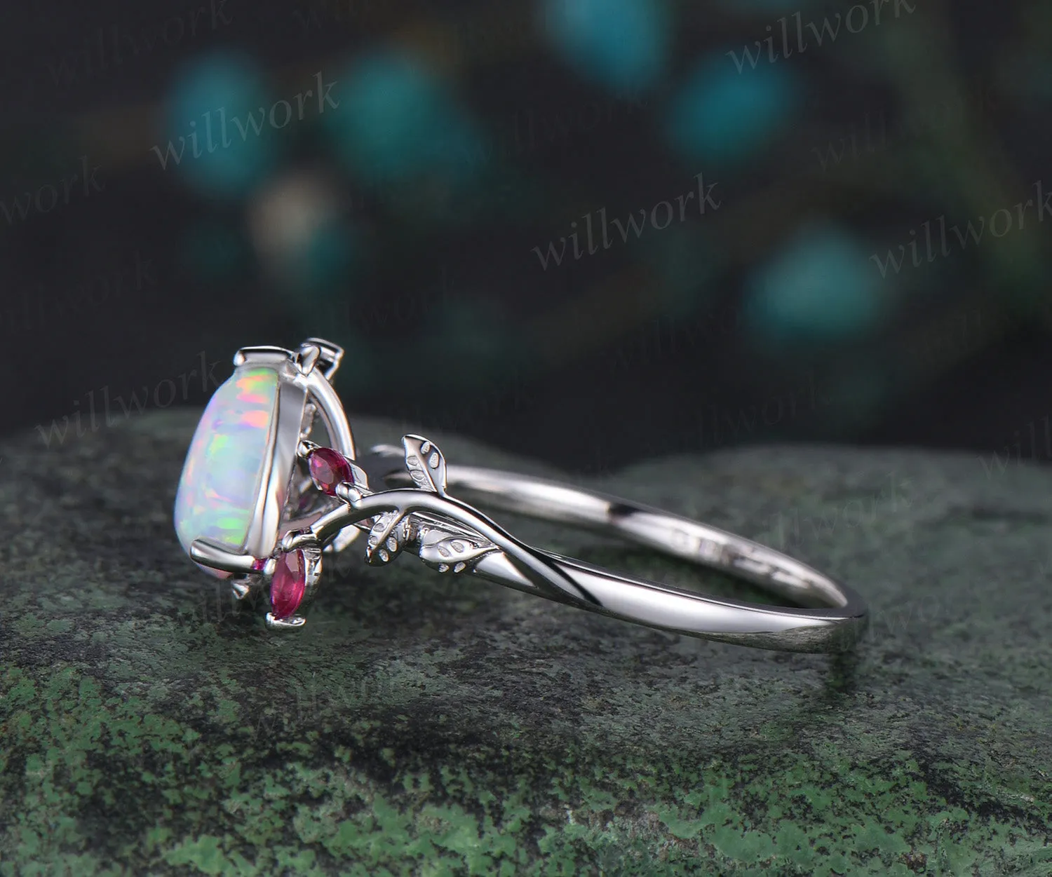 Pear shaped opal engagement ring white gold leaf branch marquise ruby wedding anniversary ring women gift sold by Willwork Jewelry product image thumbnail 4