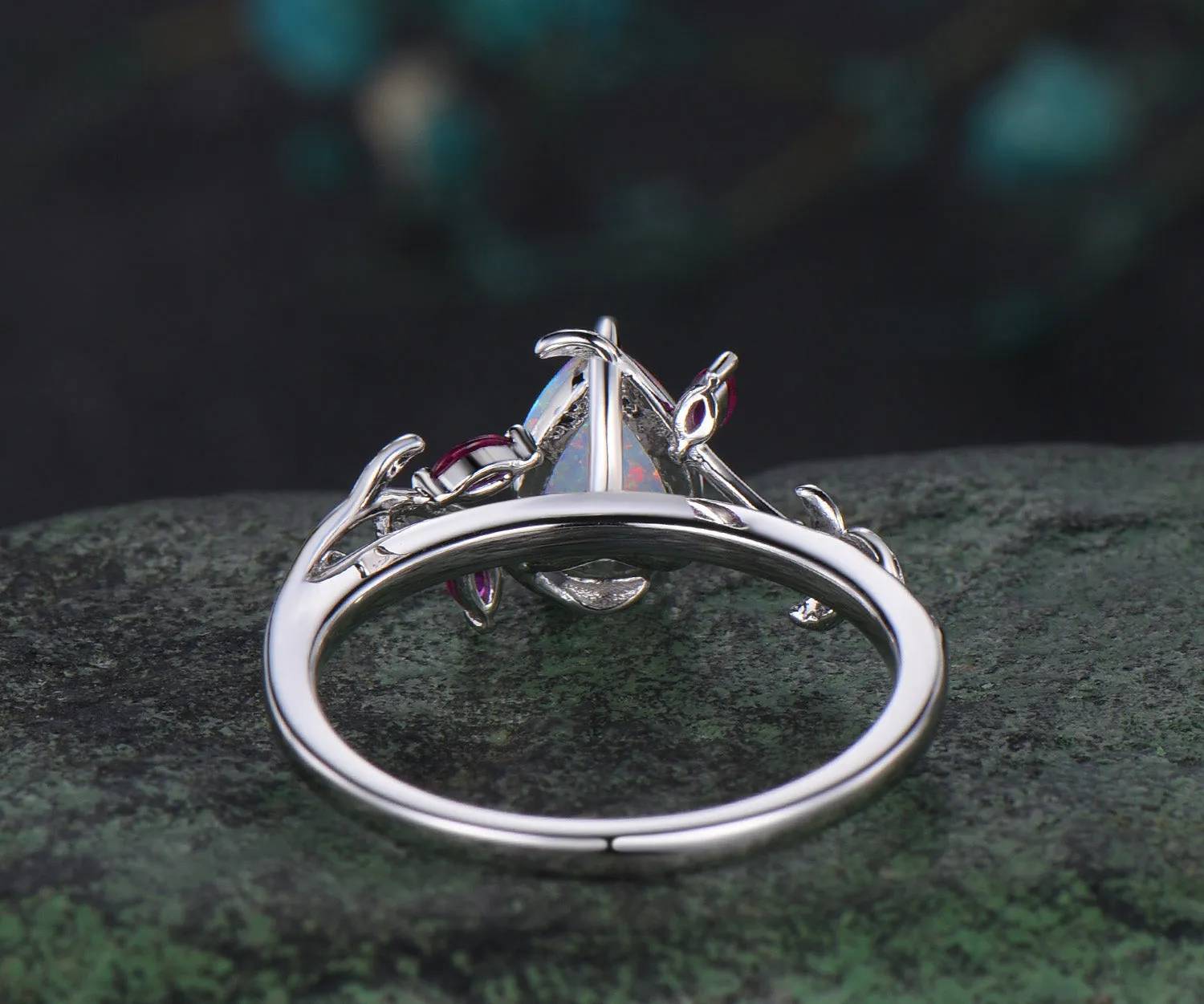Pear shaped opal engagement ring white gold leaf branch marquise ruby wedding anniversary ring women gift sold by Willwork Jewelry product image thumbnail 5