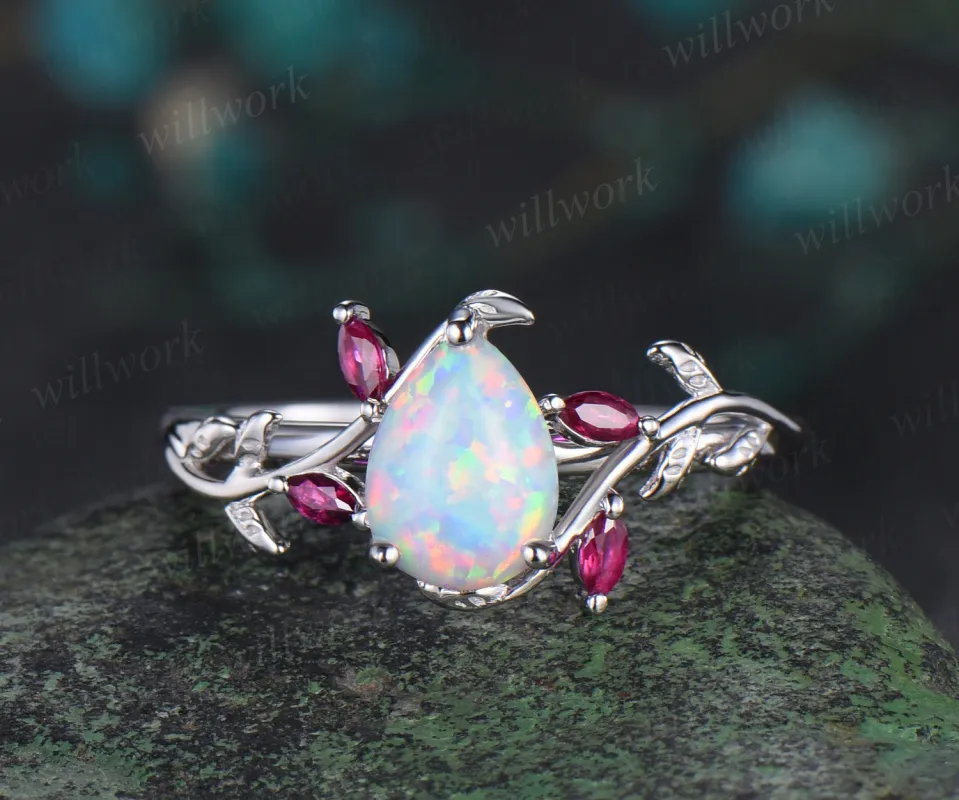 Pear shaped opal engagement ring white gold leaf branch marquise ruby wedding anniversary ring women gift sold by Willwork Jewelry