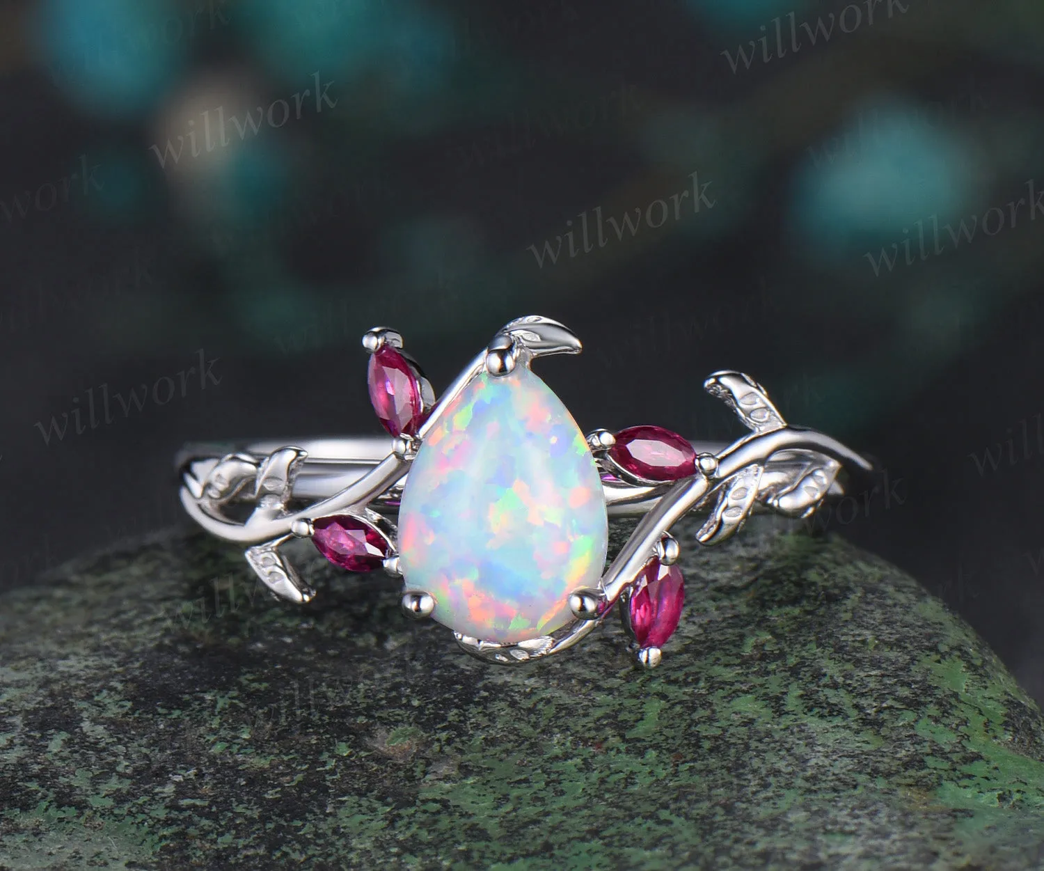Pear shaped opal engagement ring white gold leaf branch marquise ruby wedding anniversary ring women gift sold by Willwork Jewelry