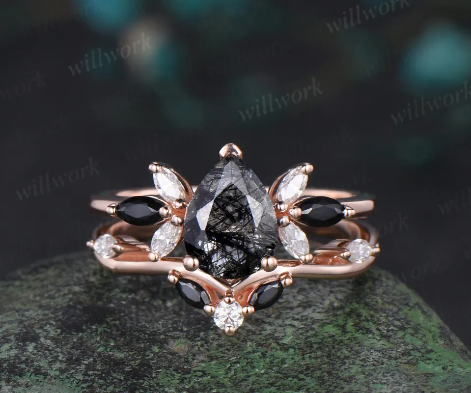 Pear black rutilated quartz engagement ring rose gold cluster diamond bridal anniversary ring set women sold by Willwork Jewelry