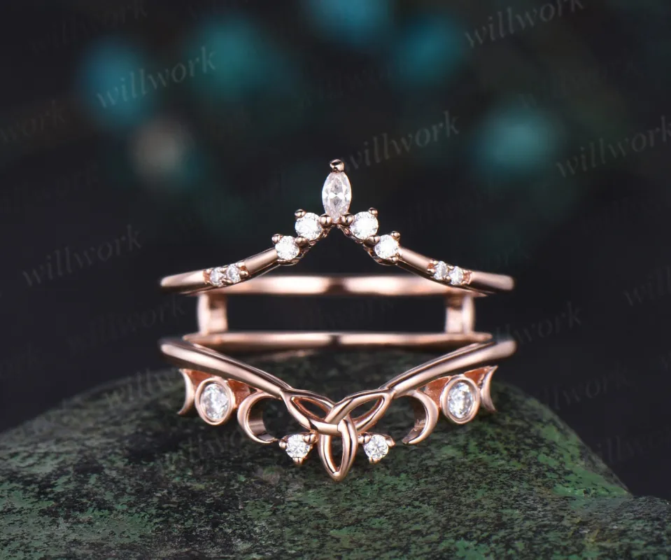 Double V curved diamond wedding band enhancer wraps solid 14k rose gold Celtic knot moissanite wedding ring band women anniversary gift sold by Willwork Jewelry