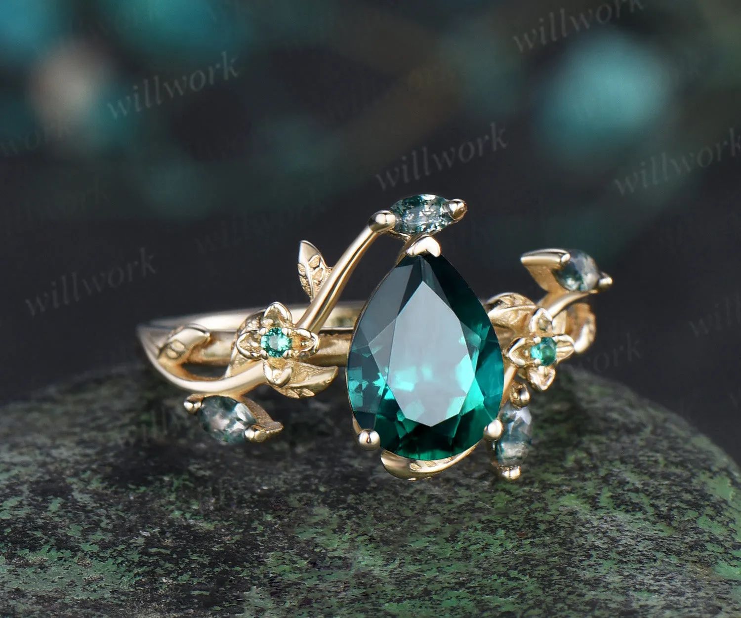 Vintage pear green emerald engagement ring solid 14k yellow gold leaf floral moss agate anniversary ring women gift sold by Willwork Jewelry product image thumbnail 2