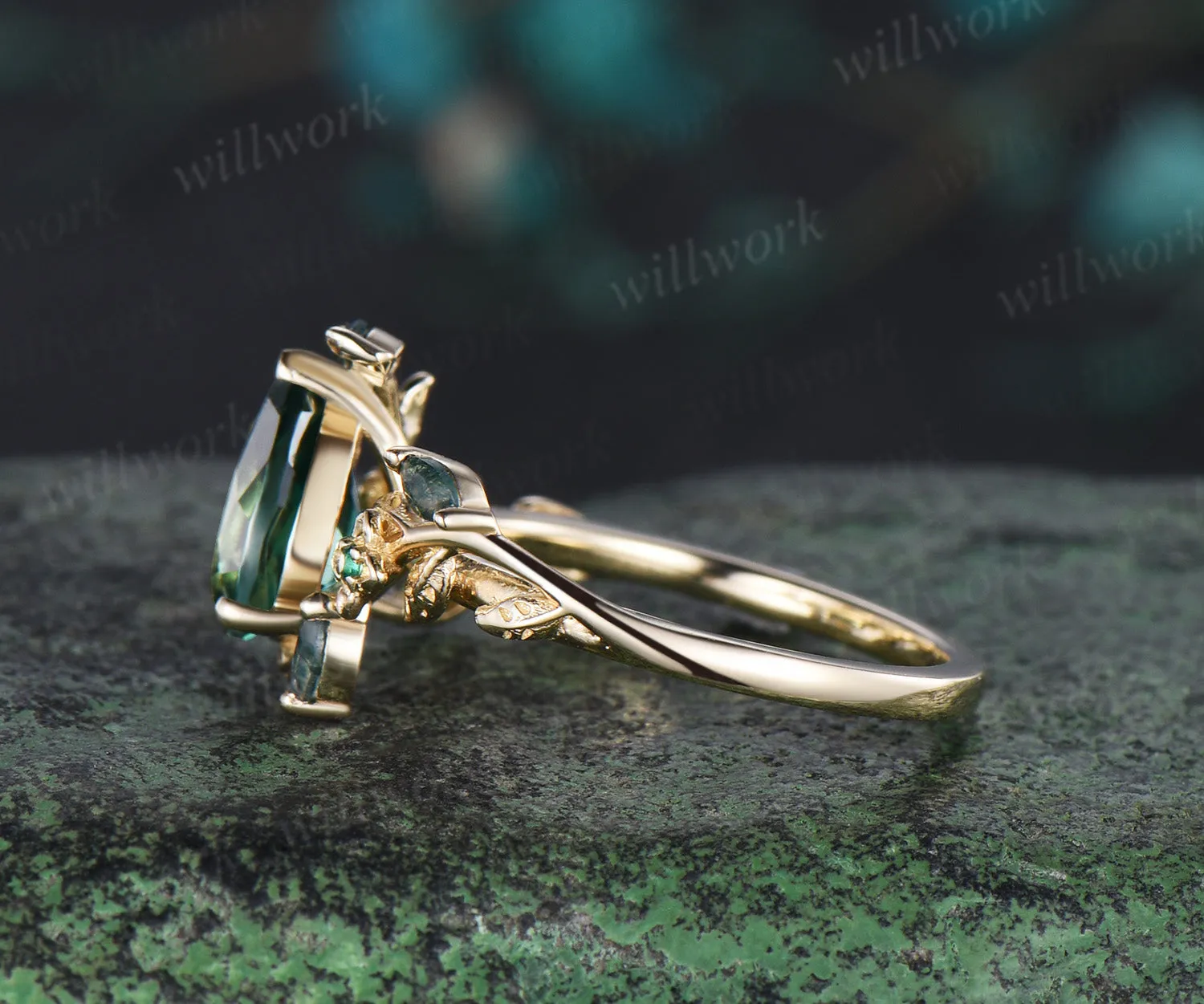 Vintage pear green emerald engagement ring solid 14k yellow gold leaf floral moss agate anniversary ring women gift sold by Willwork Jewelry product image thumbnail 4