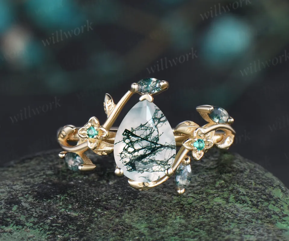 Vintage pear green moss agate engagement ring solid 14k yellow gold nature inspired leaf floral emerald wedding ring women gift sold by Willwork Jewelry