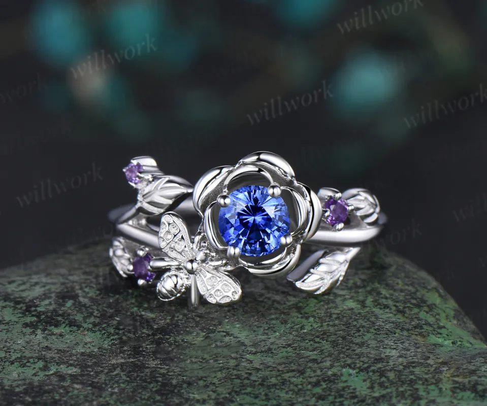 Vintage round cut natural sapphire engagement ring floral leaf bee amethyst wedding anniversary ring women sold by Willwork Jewelry