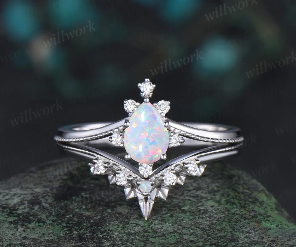 Pear shaped opal engagement ring set white gold Lace cluster diamond bridal wedding ring set women sold by Willwork Jewelry