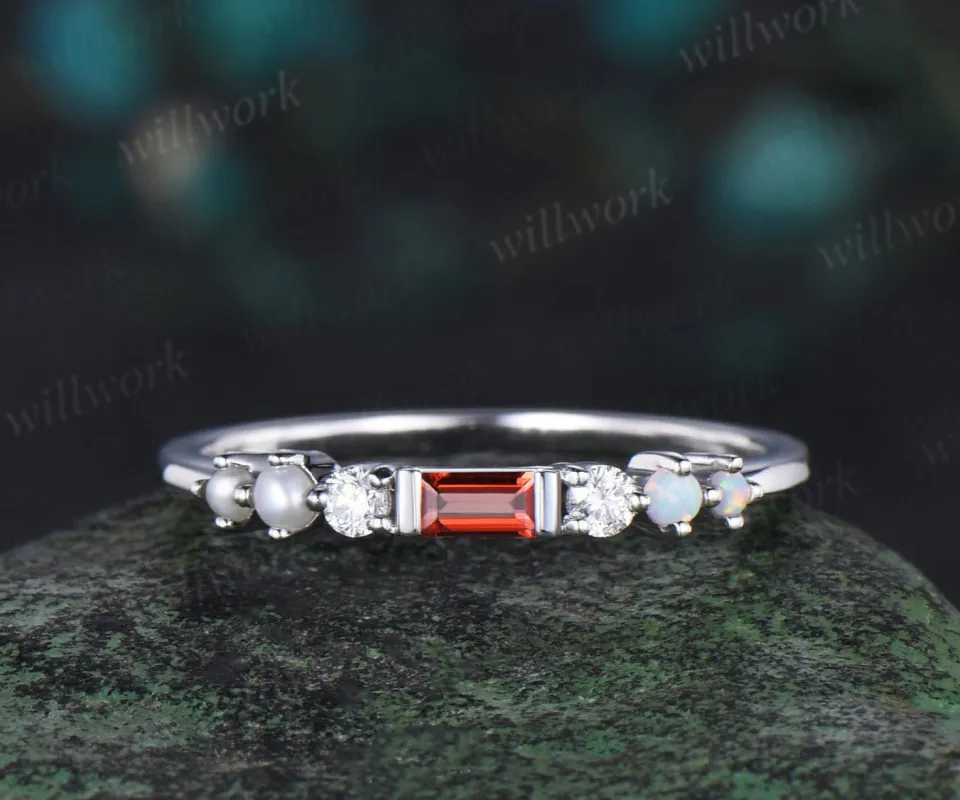 Dainty Baguette cut red garnet wedding band white gold 7 stone pearl opal Minimalist Multi-Stone Ring anniversary ring women gift sold by Willwork Jewelry