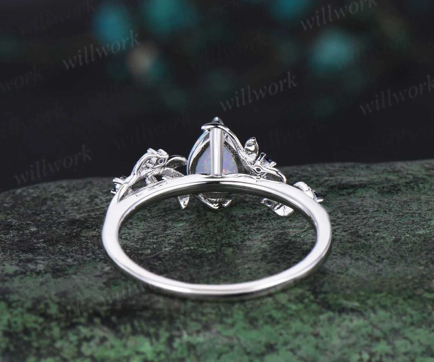 Pear shaped opal engagement ring white gold leaf branch vintage sapphire anniversary ring women sold by Willwork Jewelry product image thumbnail 4
